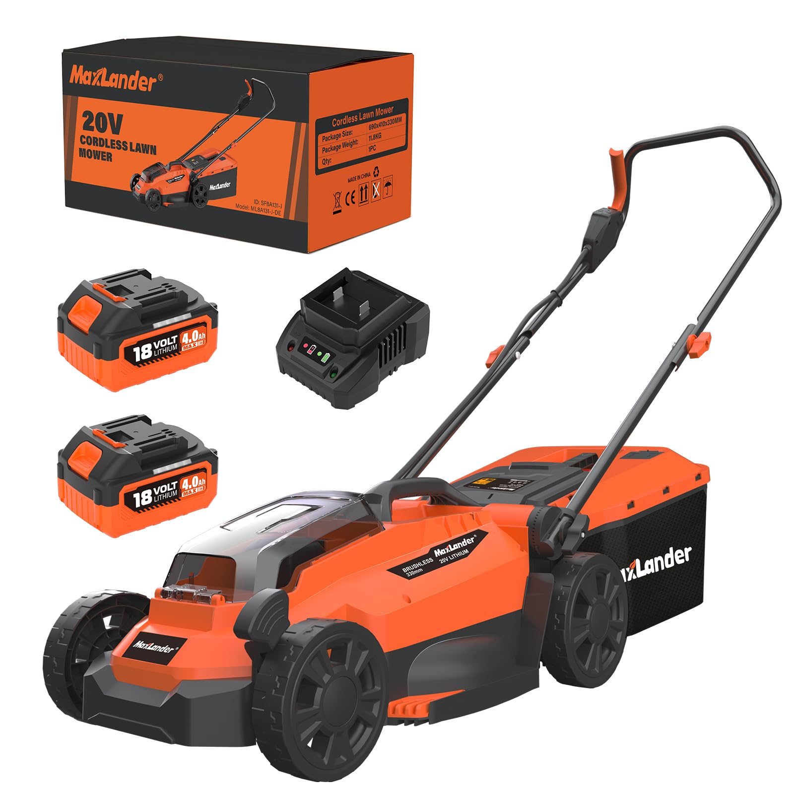 Maxlander 33 cm Akku Rasenmäher bis 400 m² mit Mulchfunktion | Rasenmäher Elektro Schiebemäher mit 30L Fangkorb ,Schnitthöhe 25–75 mm,4,0 Ah Akku und Ladegerät im Lieferumfang Enthalten