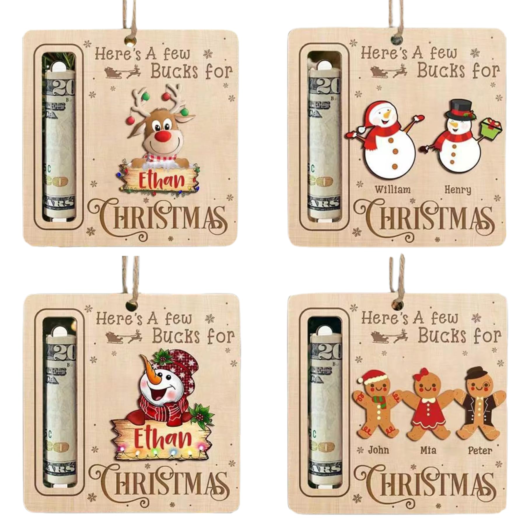 CAKEEYUM Christmas Money Holder Ornaments, 4Pcs 4 x 4 Cute Christmas Money Holders for Cash, Wooden Ornaments, Holder Hanging Ornament for Cash Gift, Xmas Tree Mo