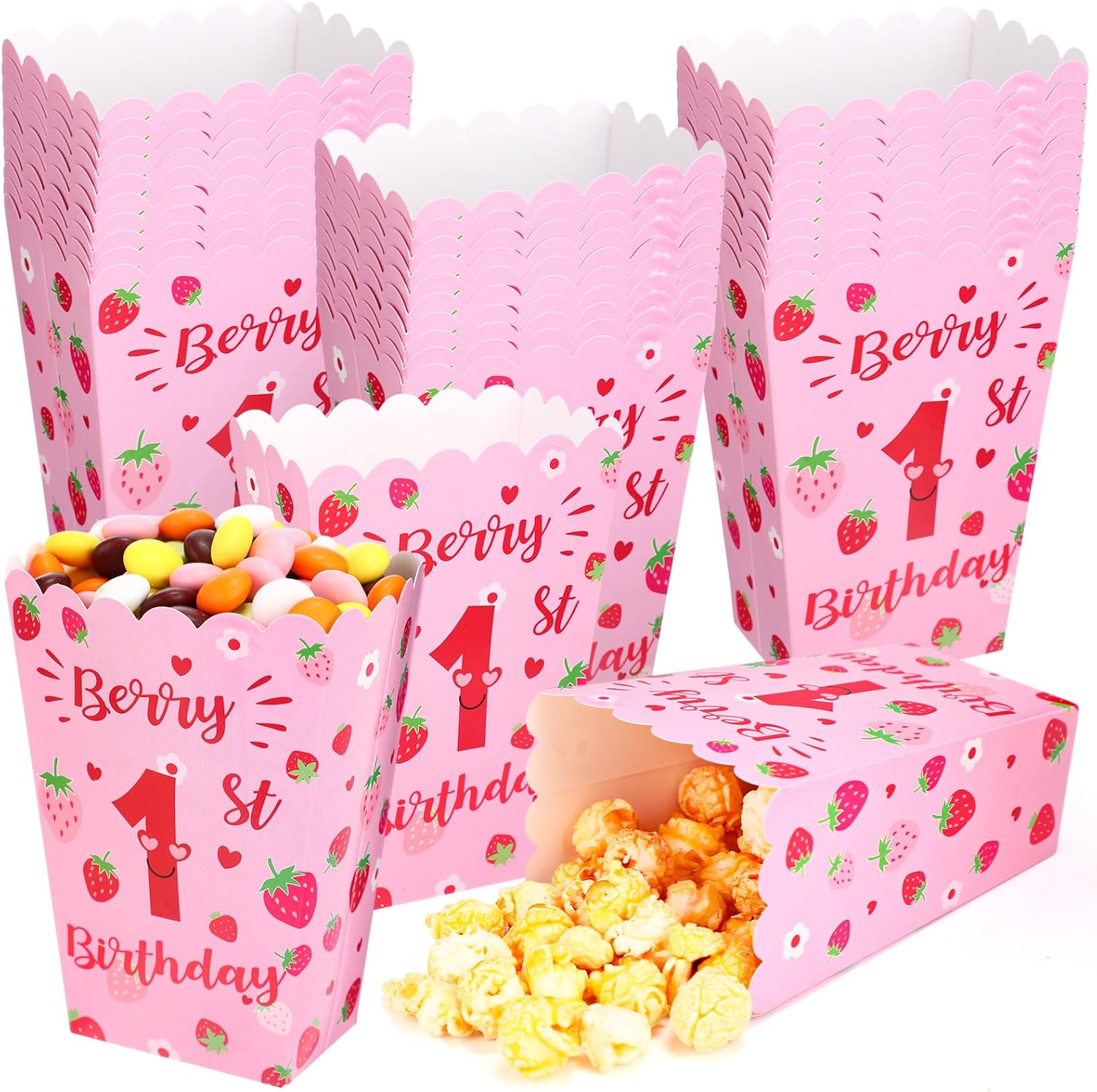AmazingSpark 50 Pcs Berry First Birthday Party Supplies Mini Strawberry 1st Popcorn Boxes Berry Open Top Popcorn Containers for Strawberry Theme Birthday Baby Shower Kids Party Dessert Snack