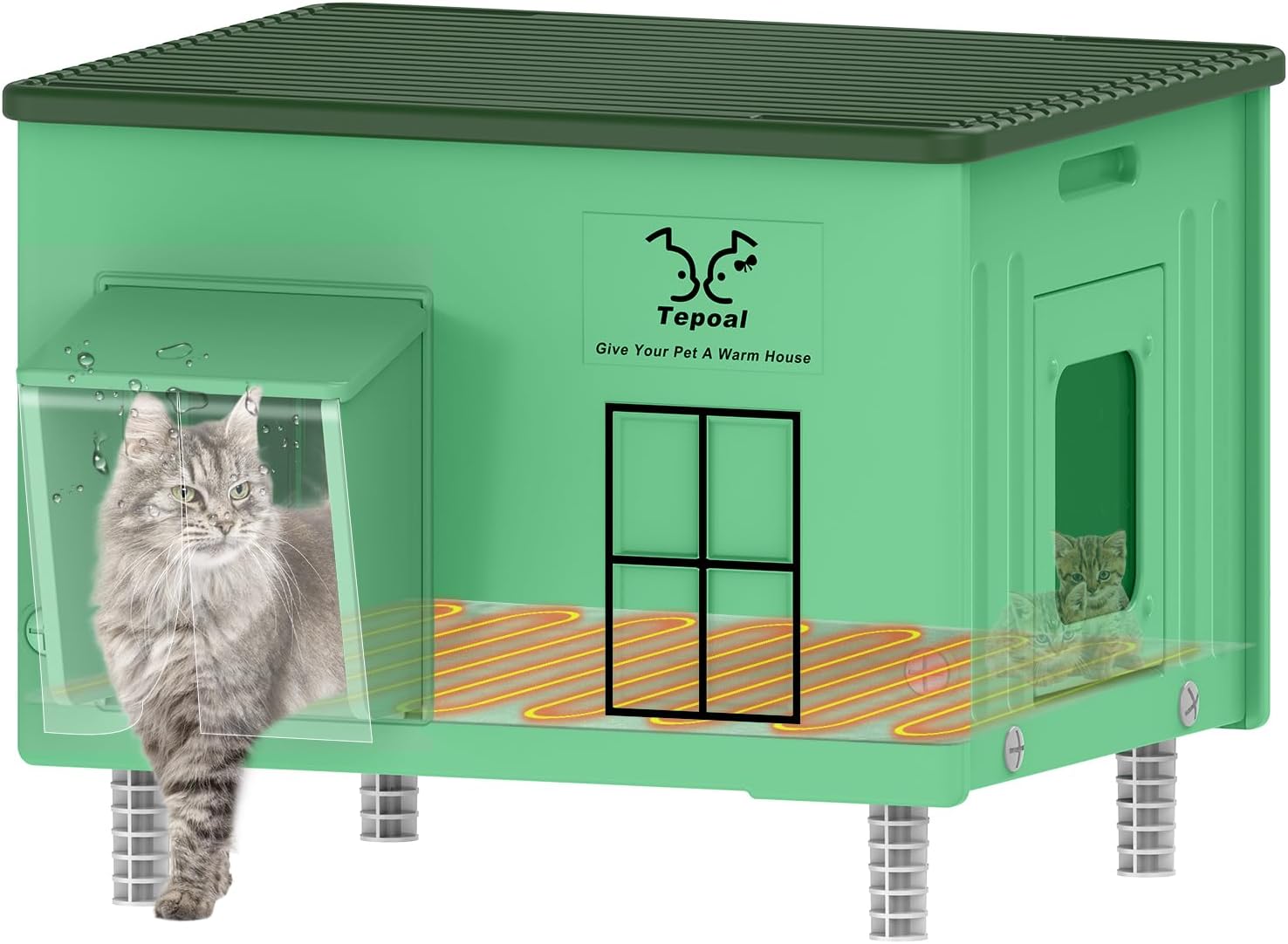 Large Indestructible Heated Cat House for Outside - Extremely Waterproof & Weatherproof Heated Outdoor Cat House with Escape Door for Winter, Insulated Feral Cat Shelter for Barn Strays, 22x17x17.5 in Green - 22x17x17.5 In