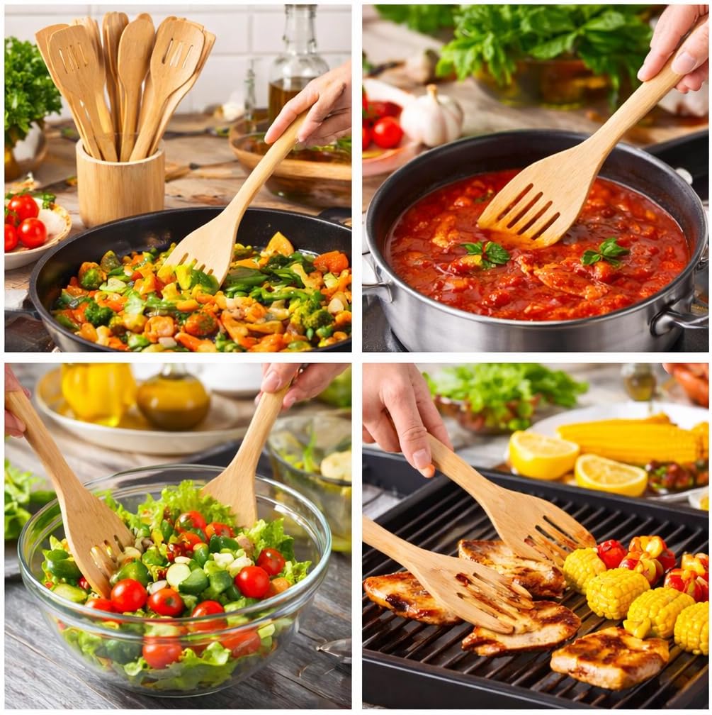 7-Piece Bamboo Kitchen Utensil Set with Holder – Eco-Friendly Spoons & Spatulas, Non-Stick Safe, Hanging Design