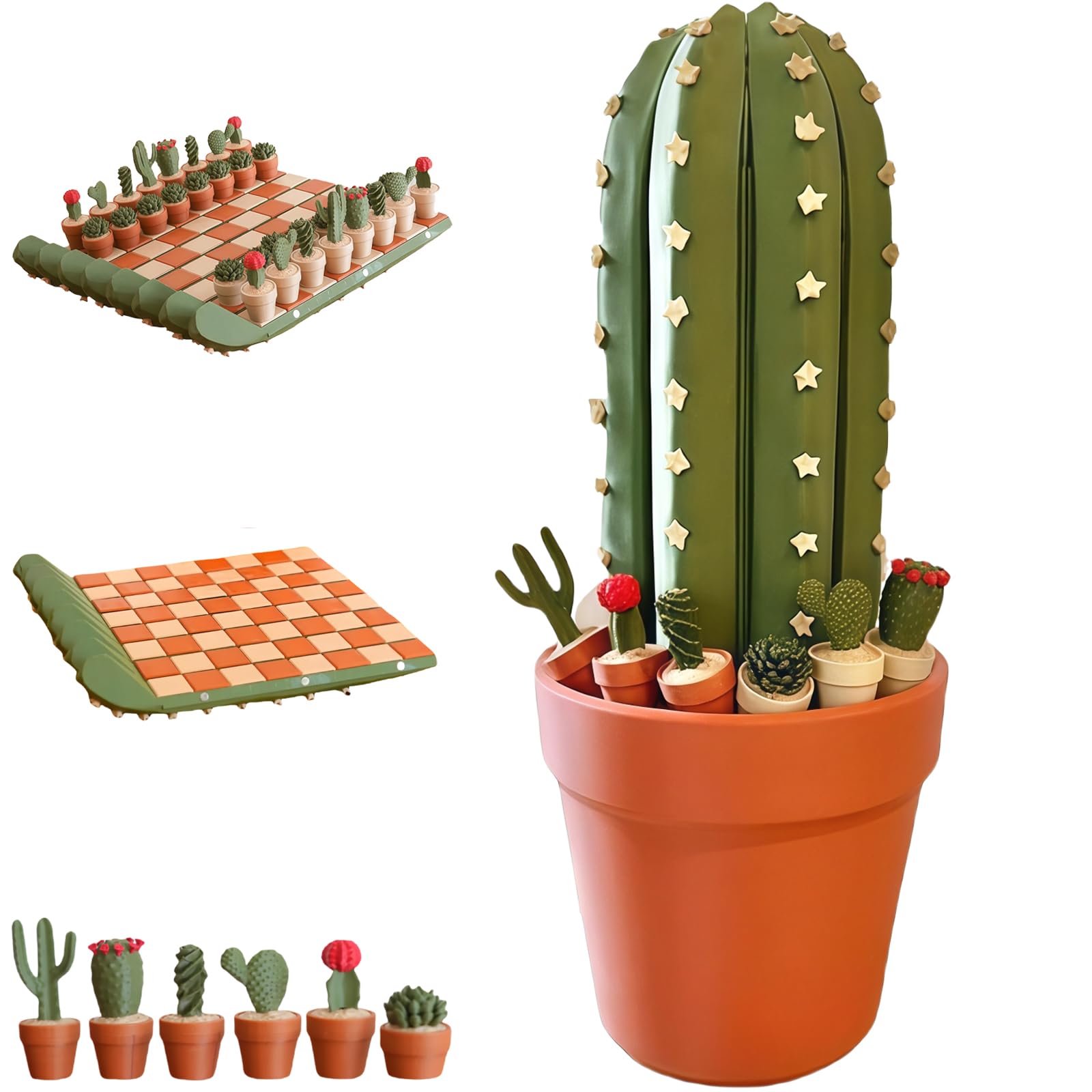 3D Printed 32PCS Cactus Chess Board Set, Magnetisches Kaktus‑Schachspiel, Schachbrett im Sukkulenten‑Design, Geschenk für Kinder und Erwachsene