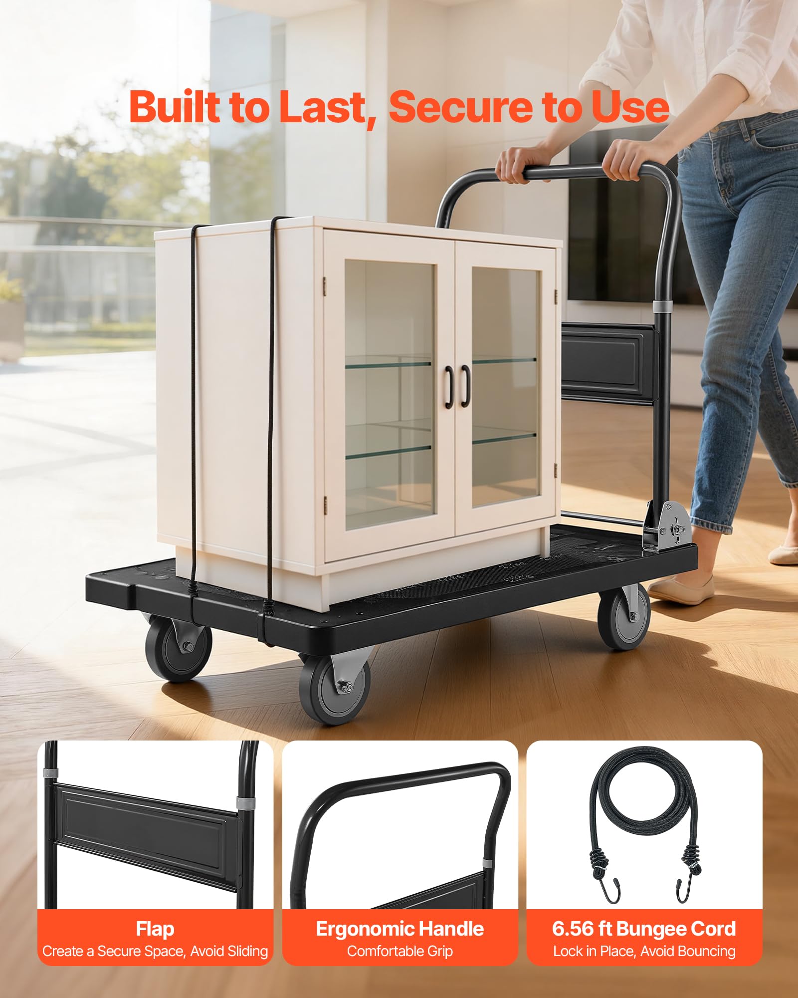 VEVOR Carrello Pieghevole da Trasporto Capacità Carico max. 453,59kg, Carrello con Piattaforma Pieghevole Salvaspazio Dimensioni Piegate 895x595x290 mm Maniglia di Spinta per Traslochi Pacchi Merci
