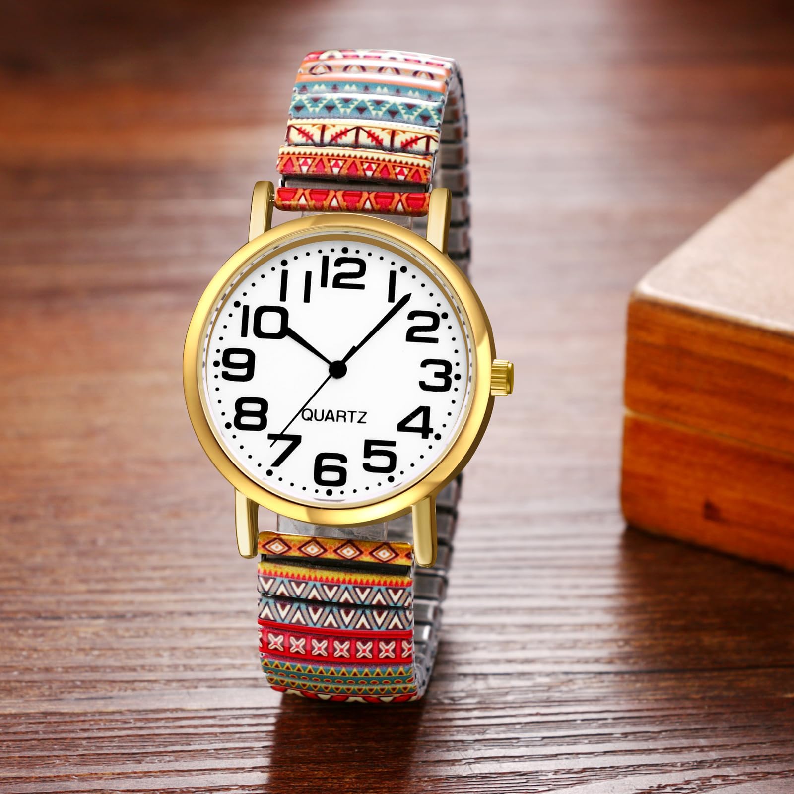 JewelryWe Zegarek damski w stylu boho elastyczny zegarek: 6 sztuk w stylu boho, kolorowe wzory, analogowy, kwarcowy, zegarek na rękę, stal nierdzewna, rozciągliwa bransoletka dla seniorów, zegarek z