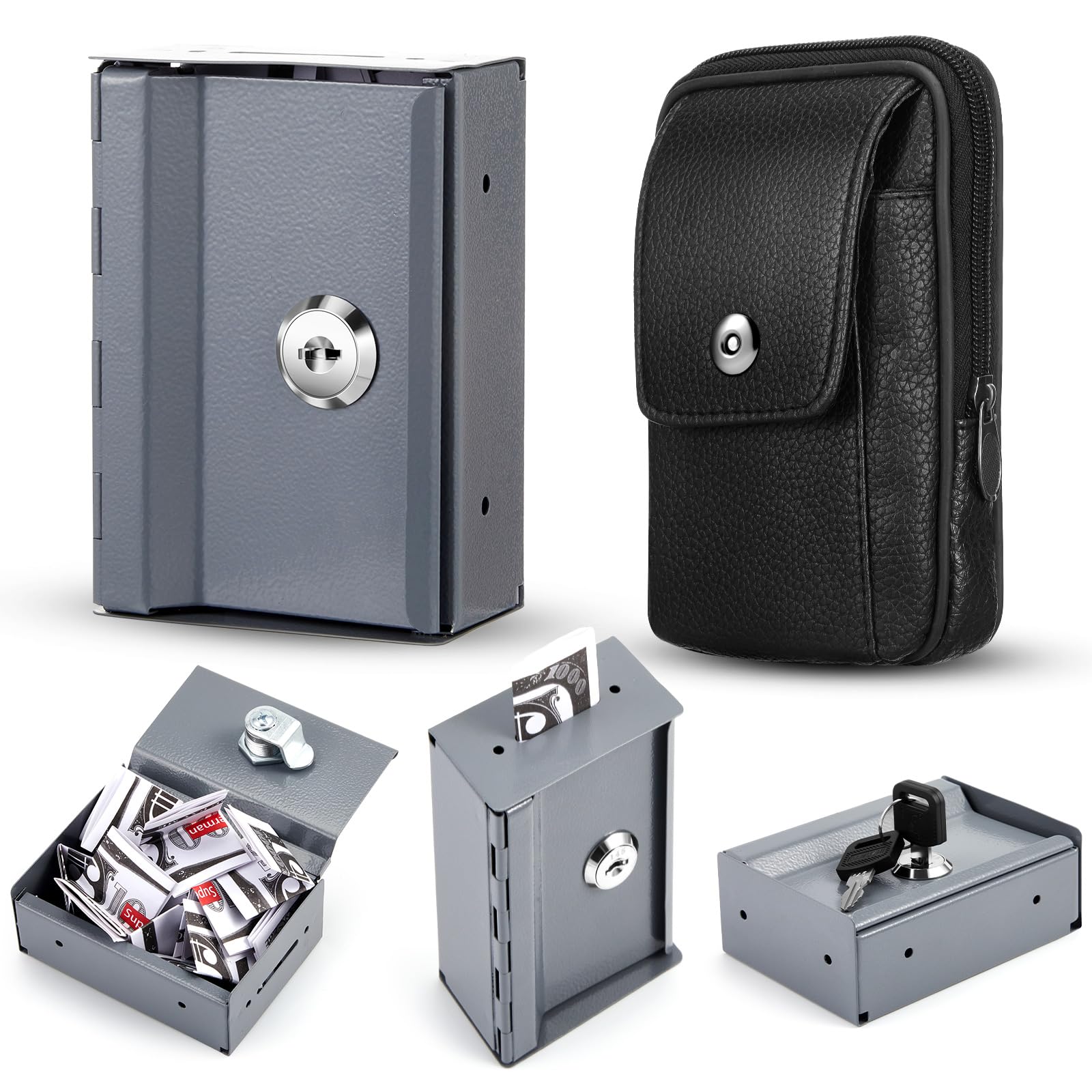 Zhengmy 2 Pcs Portable Lock Metal Pocket with Waist Bag for Winners Bank Casino Large Capacity Wallet Box Cash Lock Pocket with Key Gifts Stops The Addictive
