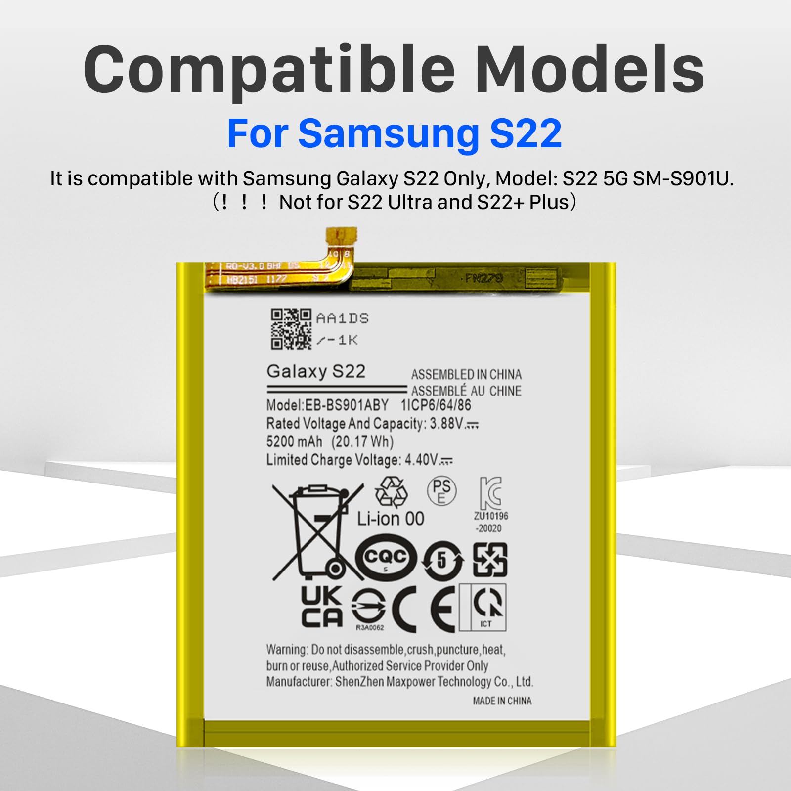 Batteria di ricambio per Galaxy S22, 5200 mAh EB-BS901ABY per S22 5G SM-S901 S901B S901E S901F S901N S901U S901W S9010 con kit di attrezzi di riparazione