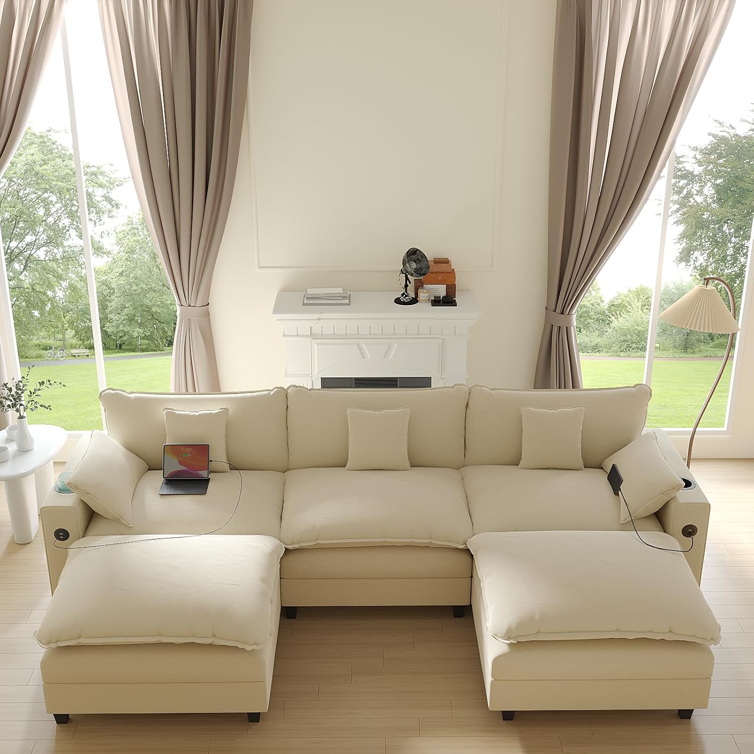 Modular Sectional Sofa, Cloud Couch with Ottoman, Charging Station, Throw Pillows, Cup Holders, Modern Convertible U Shaped Couches for Living Room, Bedroom and Apartment (White, 116″- U Shape)