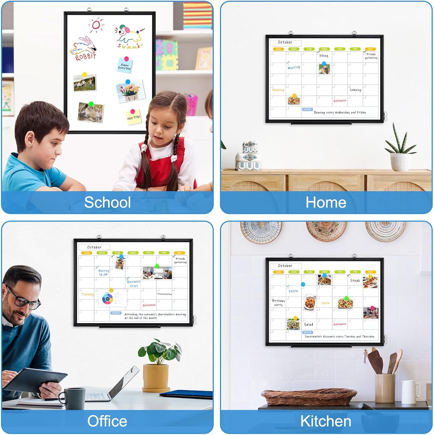 Dry Erase Calendar Whiteboard for Wall, WALGLASS 36 x 24 Magnetic White Board, Monthly Dry Erase Calendar with Silver Aluminum Frame, Double-Sided Hanging Portable Board for Office, Home, School