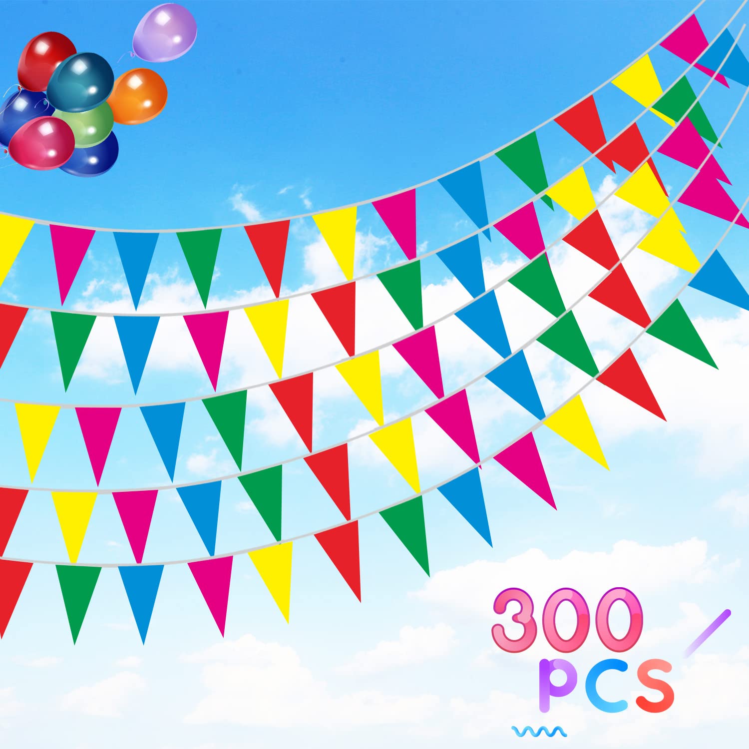 FAZMoss 375ft 300pcs Colorful Flag Pennants Multicolor Rainbow Pennant Banner Nylon Cloth Banner