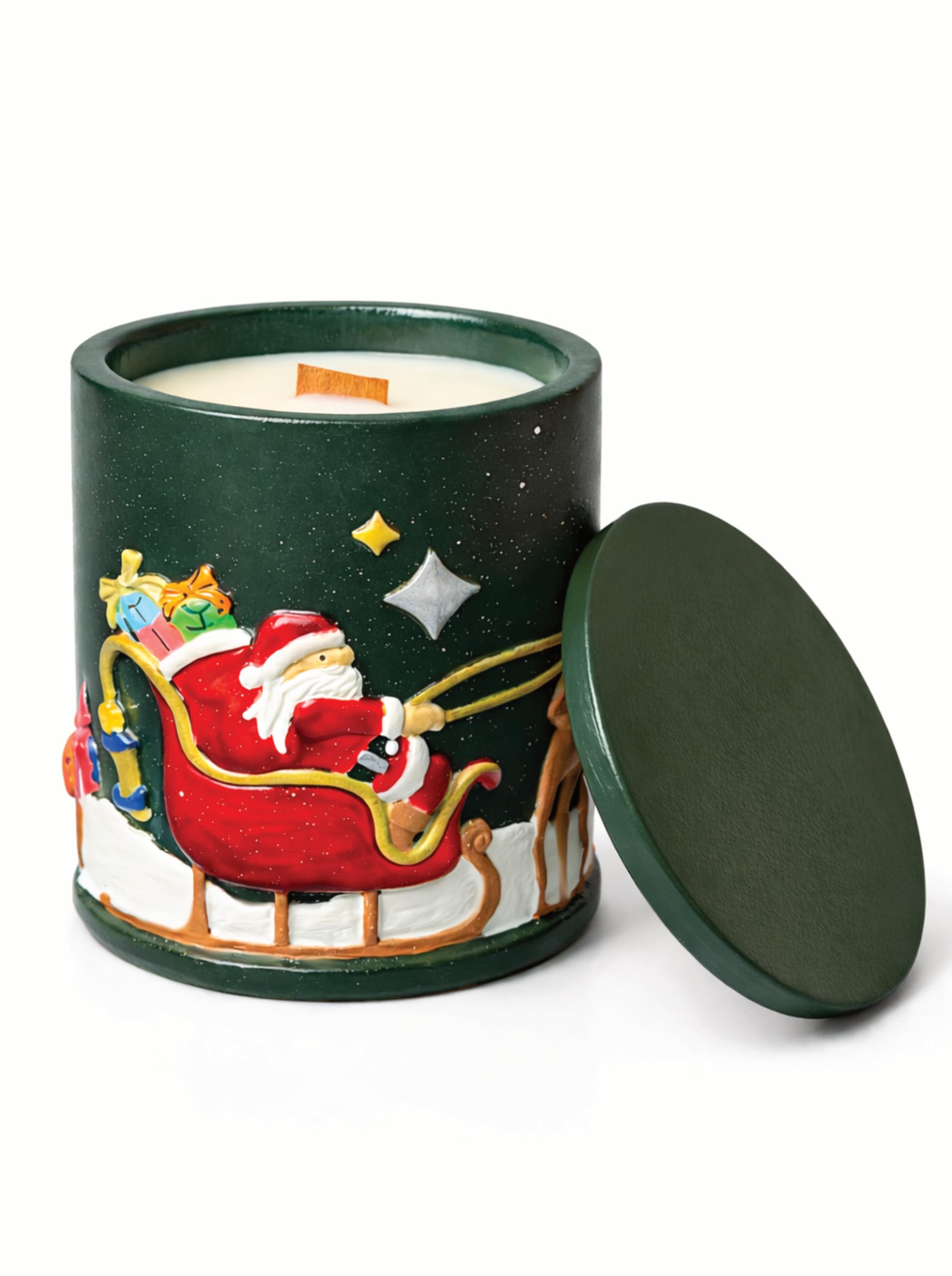 Weihnachten Aroma | Duftkerze mit Santa & Schlitten & Rentieren & Geschenken | Sojawachs Holzdocht Keramik | Germany Handmade | Mandarine, Zimt & Muskat | 45 h Brenndauer (Santa Bunt)