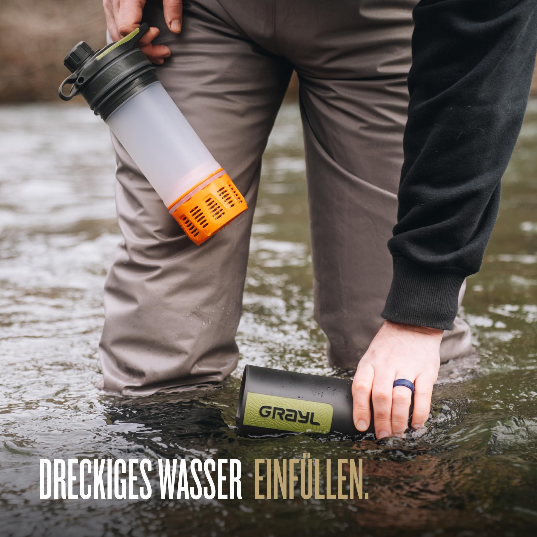 GRAYL GeoPress Filtre à Eau Extérieur Premium Mega Bundle avec Filtre de Remplacement 500L Eau Potable Élimine 99,99% Bactéries & Virus pour Camping, Survie & Voyage - Noir Camo + Orange
