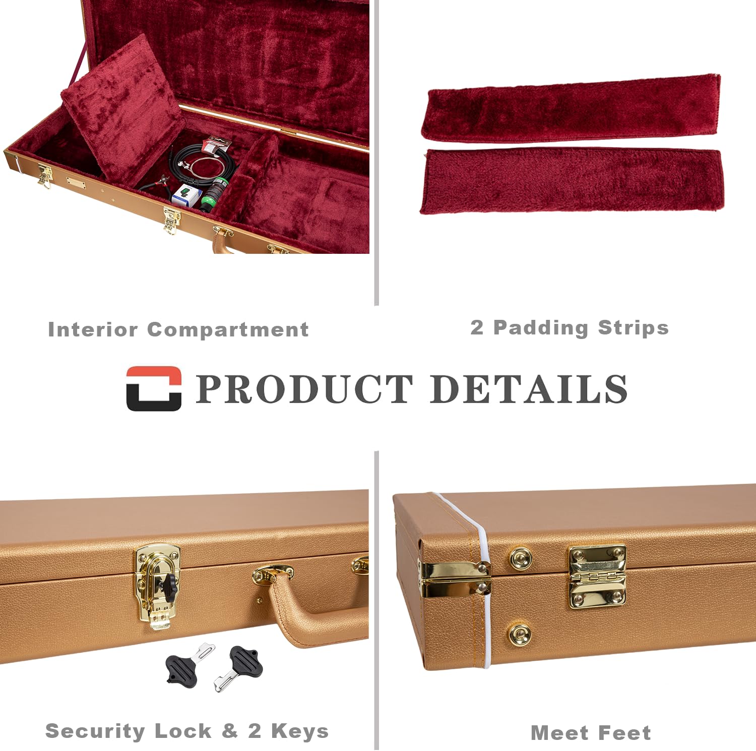 Crossrock rechteckiger Holzkoffer für Stratocaster & Telecaster | Luxusgold Kunstleder, Bordeaux Samt, Schloss – Designer Series (CRW520ELG)