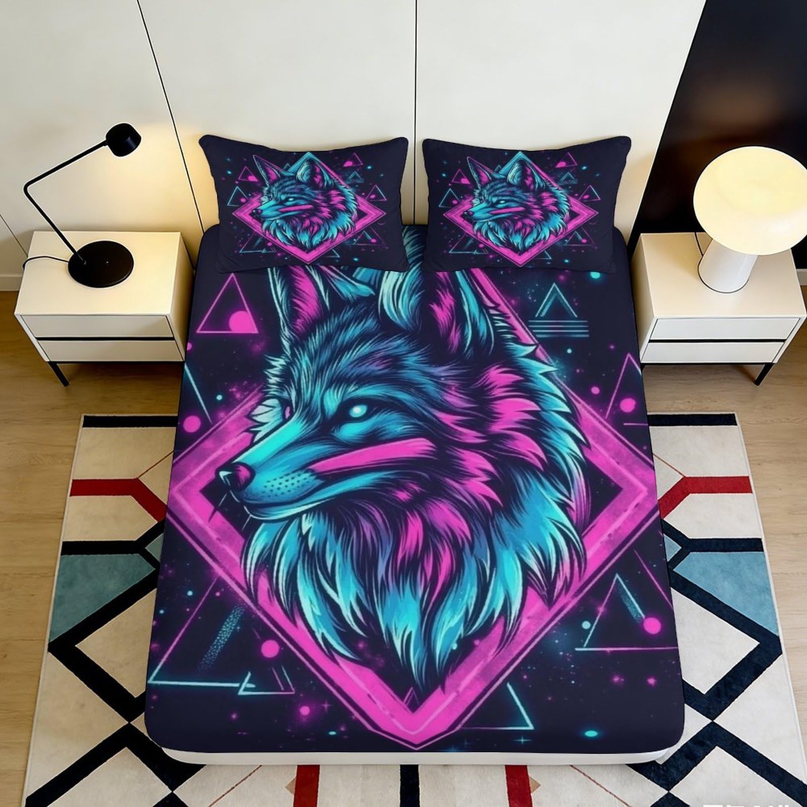 Pnayamiorkfel Style-8 3D Printed Neon Wolf Fitted Sheet Microfiber Soft Breathable Geometric Animal Mattress Cover For Bedroom Decor 90X200x25cm