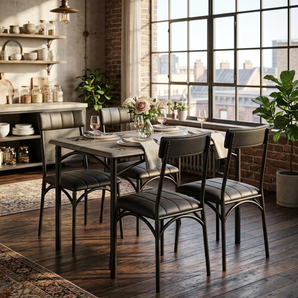 GAOMON 5 Piece Dining Table Set for 4, Rectangular Kitchen Table and Chairs Set with 4 Upholstered Chairs, Space-Saving Metal and Wood Dining Room