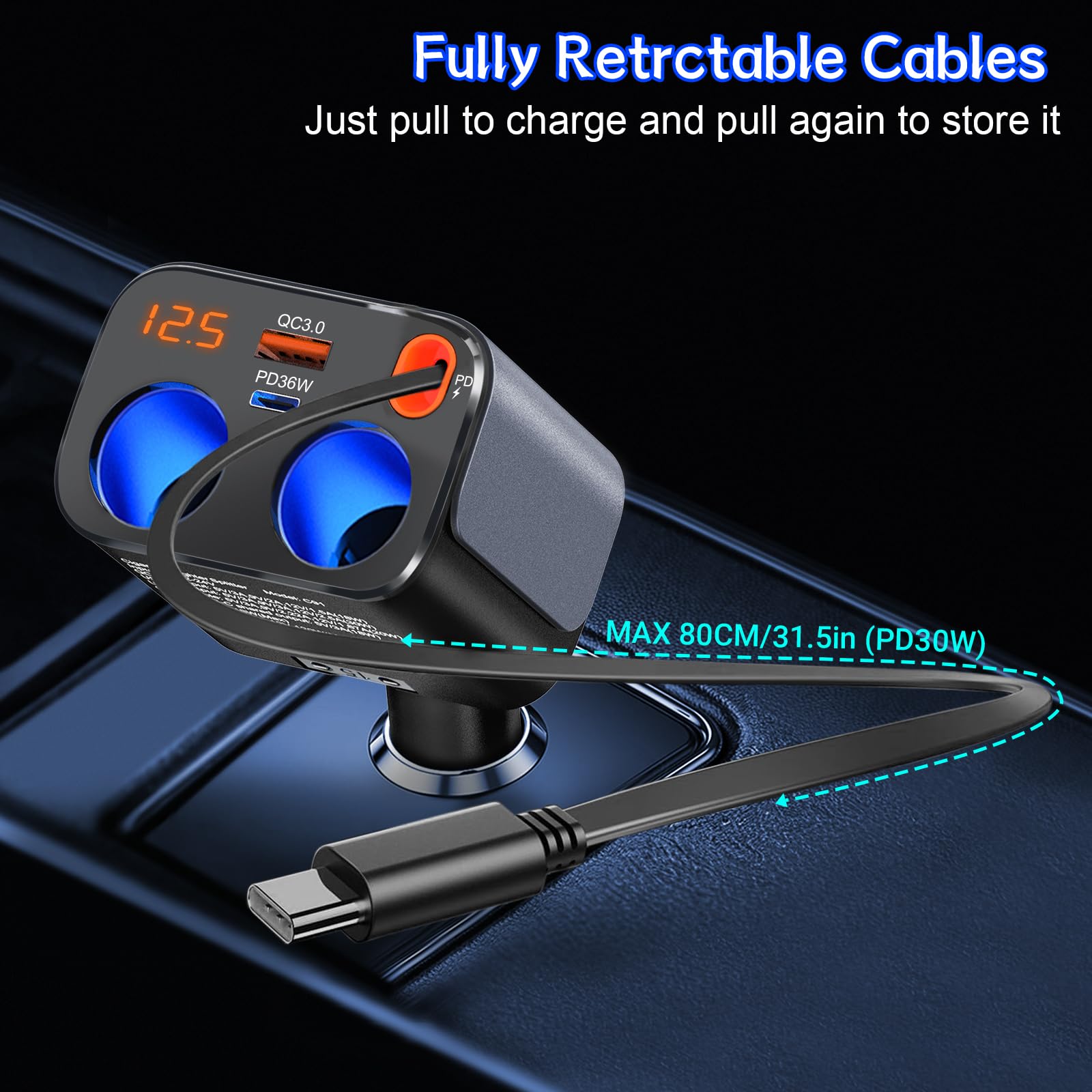 Retractable Car Charger, 180W 2-Socket Cigarette Lighter Splitter QC 3.0 and PD36W and Retractable PD 30W Lightning Cable with Separate Switch LED Voltmeter Replaceable 15A Fuse for GPS/Dash Cam/Phone