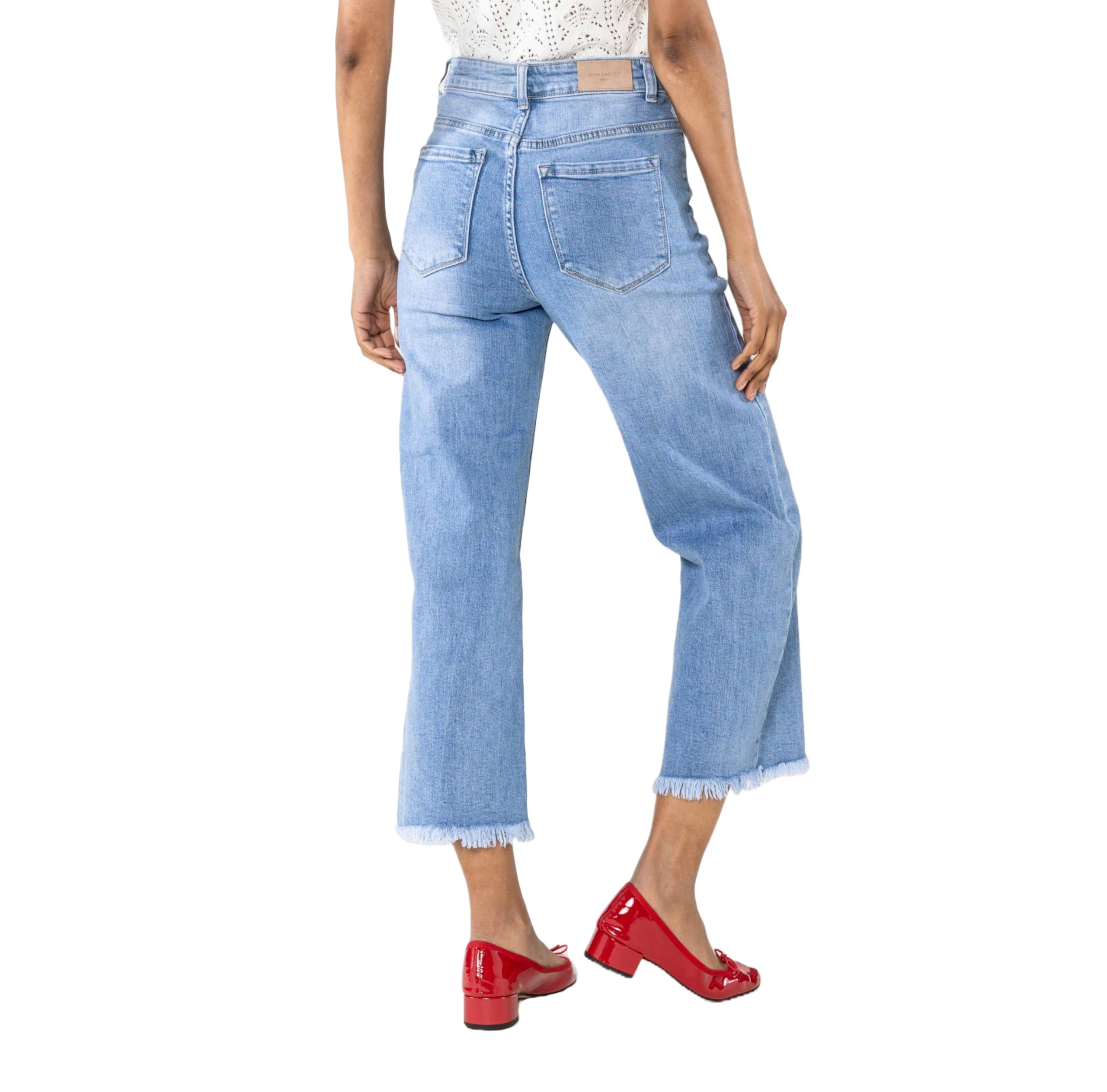 Nina Carter Q1850 Jeans da donna - 7/8 Cropped, vita alta, elasticizzati, svasati, look usato, sfilacciati