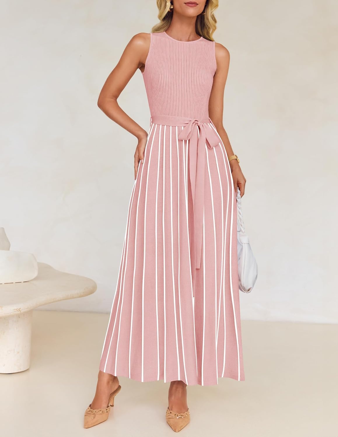 ZESICA Women's Summer Sleeveless Maxi Dress 2026 Crewneck Ribbed Knit Tie Waist Casual A Line Sweater Dresses - Image 9