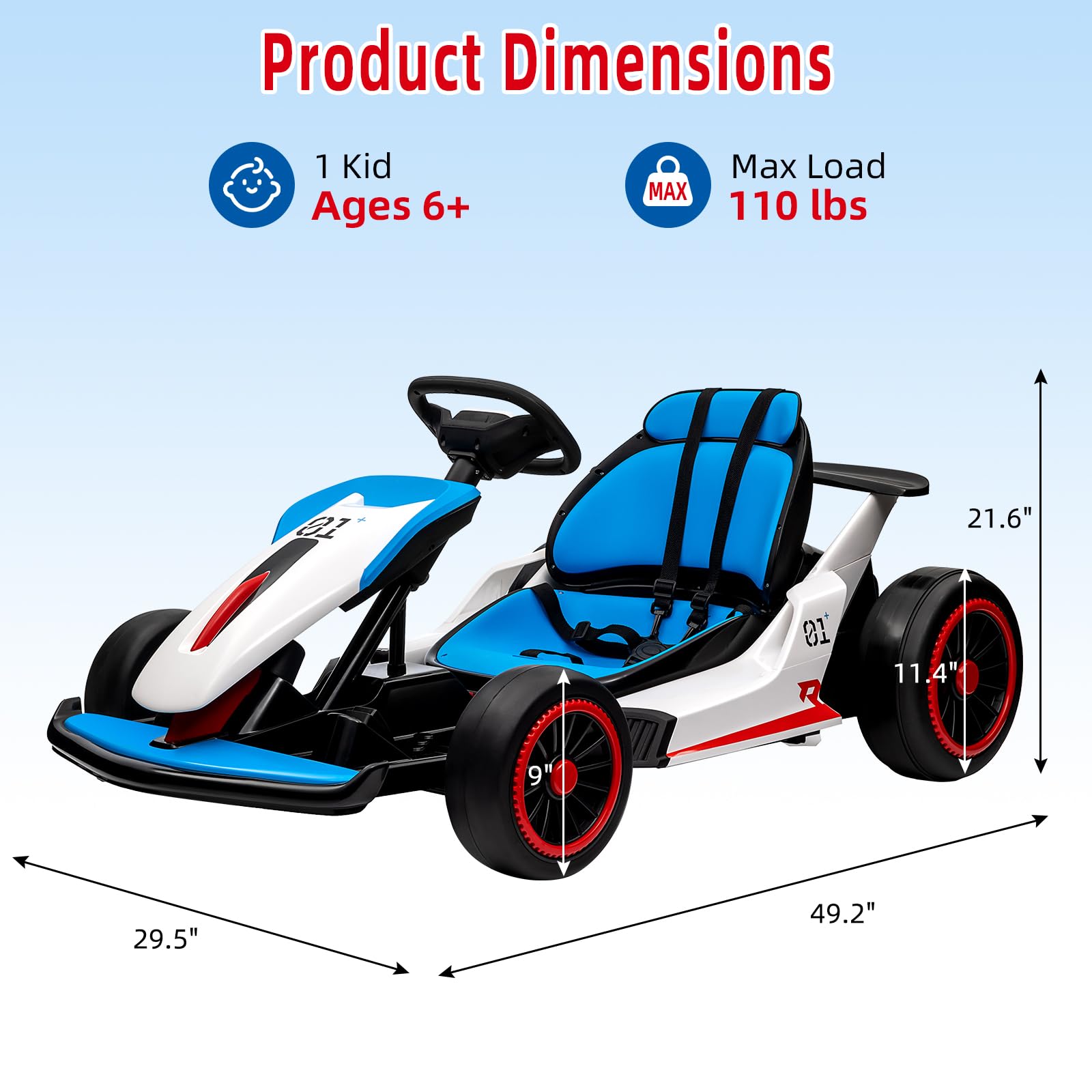 24V Electric Go Kart for Kids, Drift Cart with 2x200W Powerful Motors, 7AH Battery, Max 8MPH Drift Kart, Safety Belt, Slow Start, Music, High-Speed Crazy Cart Ride on for Kids Ages 6-12 - Blue — view 6