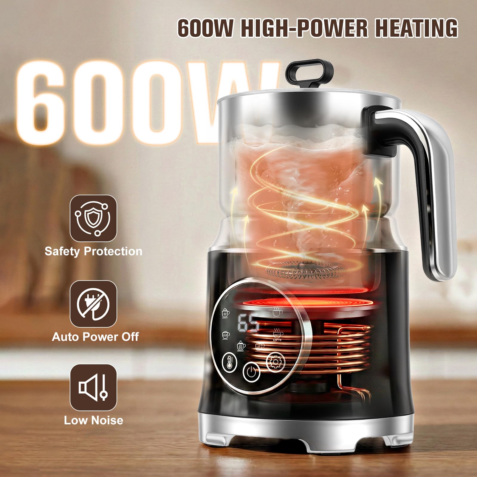 Montalatte Elettrico 6 in 1, Schiuma Latte 3 Temperature (45°C/55°C/65°C), 1.2L 800ml Acciaio Inox 304, 600W, Touch Smart, Nero, per Cappuccino Barista Home
