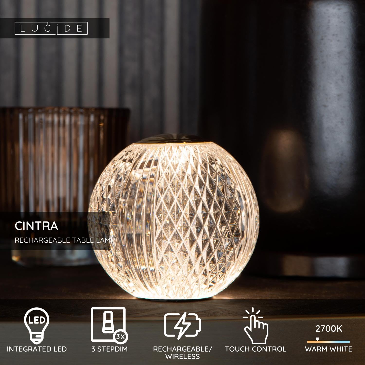 LUCIDE CINTRA - wiederaufladbare Tischlampe - Akku/Batterie - Ø 11 cm - LED 3 StepDim - 1x2W 2700K - Transparent