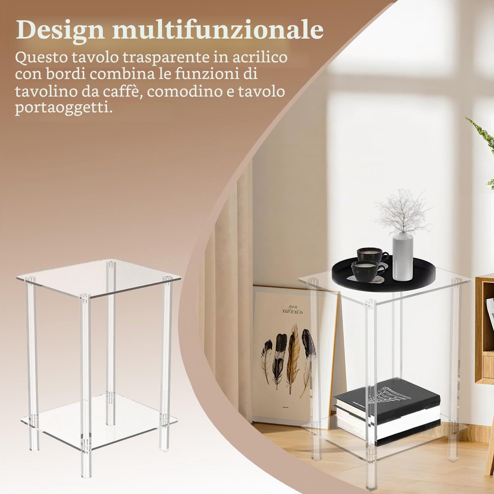 Tavolino, in acrilico trasparente, tavolini alti per piccoli spazi, ripiani per dormitorio, affitto, hotel, aziende, ristoranti