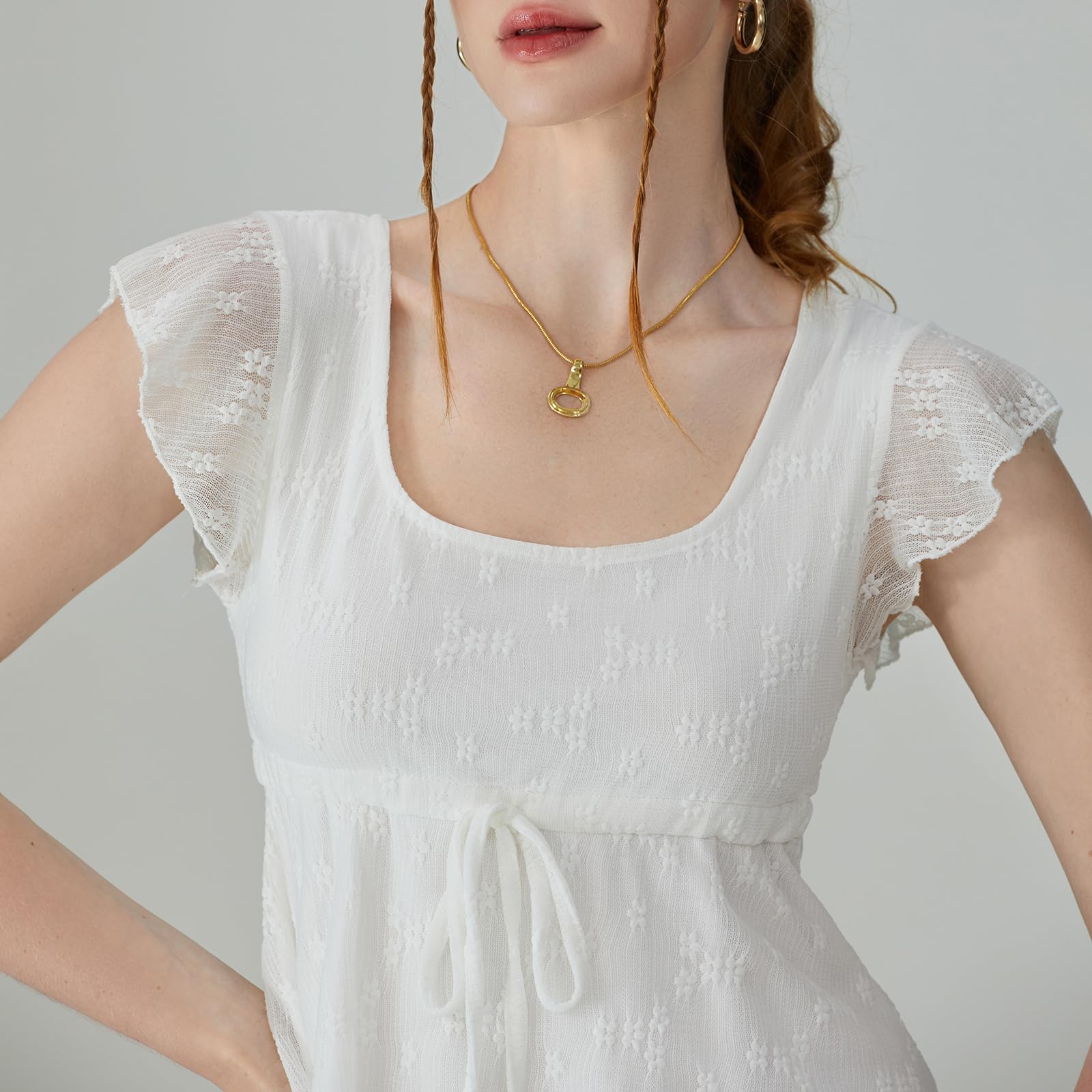 FOMOYUU Top da donna Y2k con scollo quadrato in pizzo e maniche volanti con volant Babydoll camicetta estiva orlo svasato per uscire canotta corta