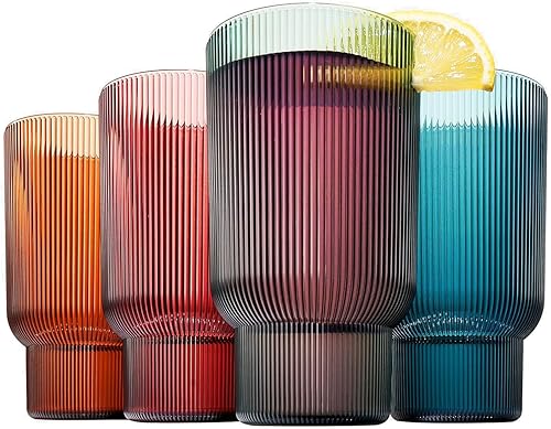 Khen Juego de 4 vasos altos de acrílico inastillable, estilo europeo, aptos para lavavajillas, acanalados, juego de 4 vasos de Tritan acanalados, disponible en Yaxa Colombia