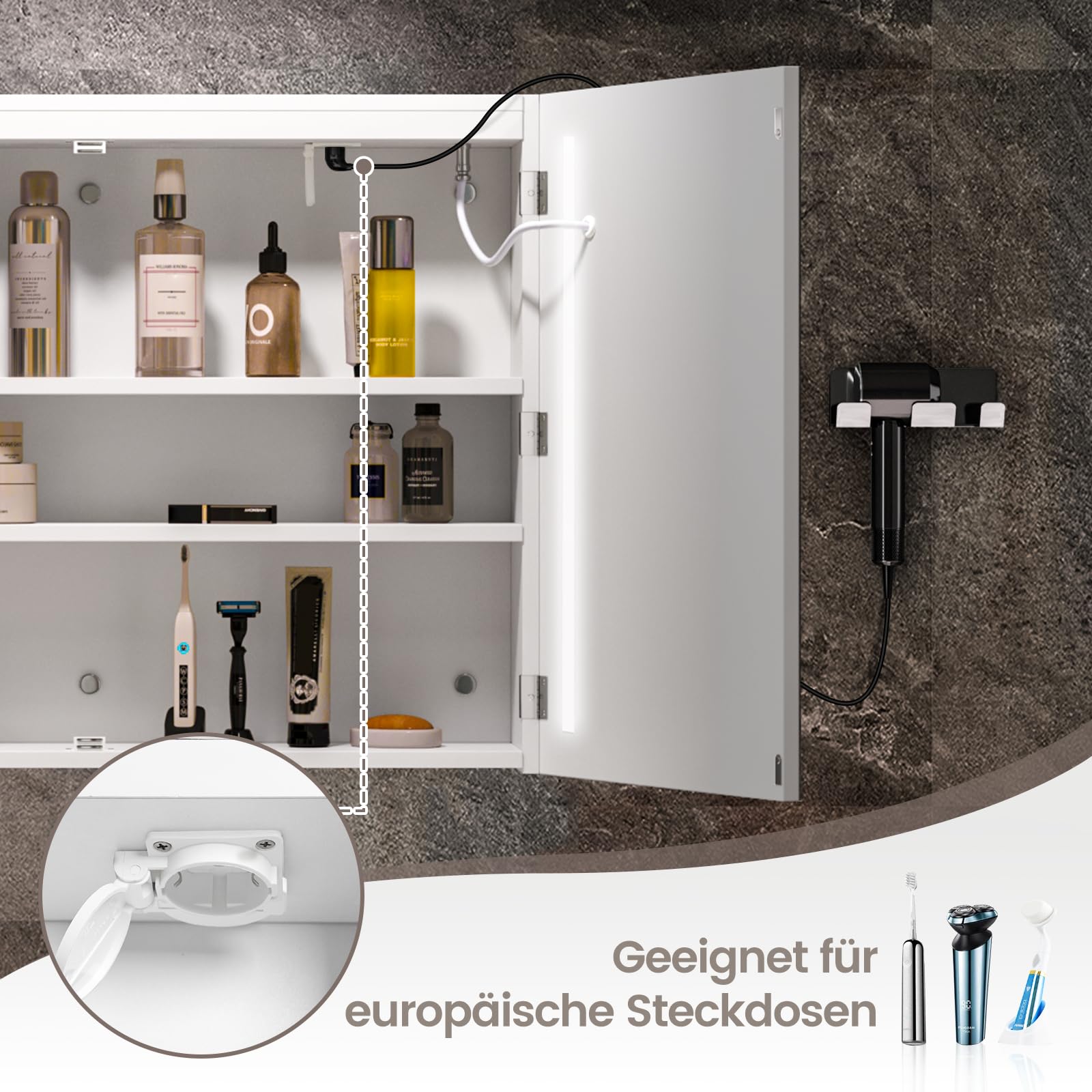 Spiegelschrank Bad mit Beleuchtung und Steckdose, 80x60x15cm, Badezimmer Spiegelschrank mit 3 LED-Lichtfarben dimmbar, Doppeltür, Verstellbares Regal, Antibeschlag, Wandmontage, Weiß