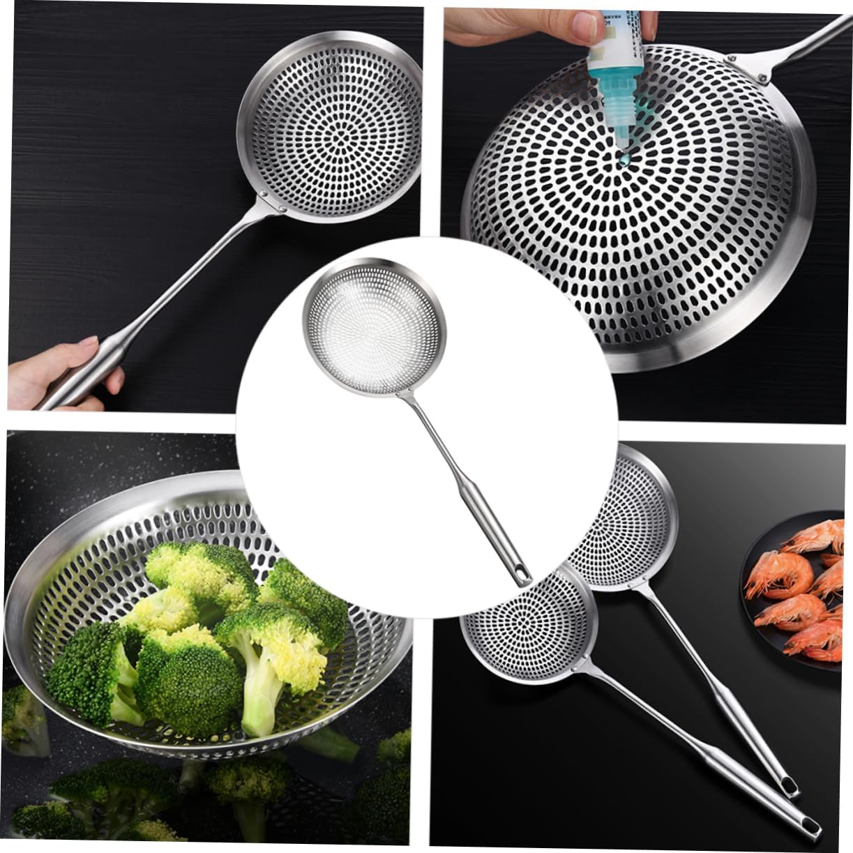 UKCOCO Stainless Steel Colander Scoop with Long Handle Slotted Strainer Spoon for Hot Pot Frying and Serving Vegetables Meat Noodles Mesh Ladle for Oil Drainage and Food Filtering