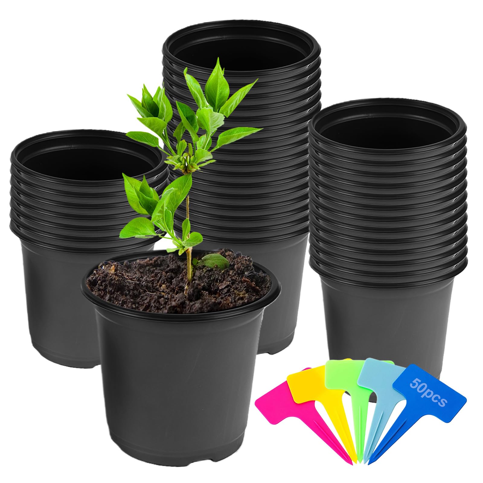ANBET 52 Pcs Black Plastic Plant Pots, Seedling Pots with Drainage Holes, 15CM Plant Pots & 50 Pcs Plants Labels Small Plant Pots for Seedlings Flowers, Vegetable, Succulent Vegetable