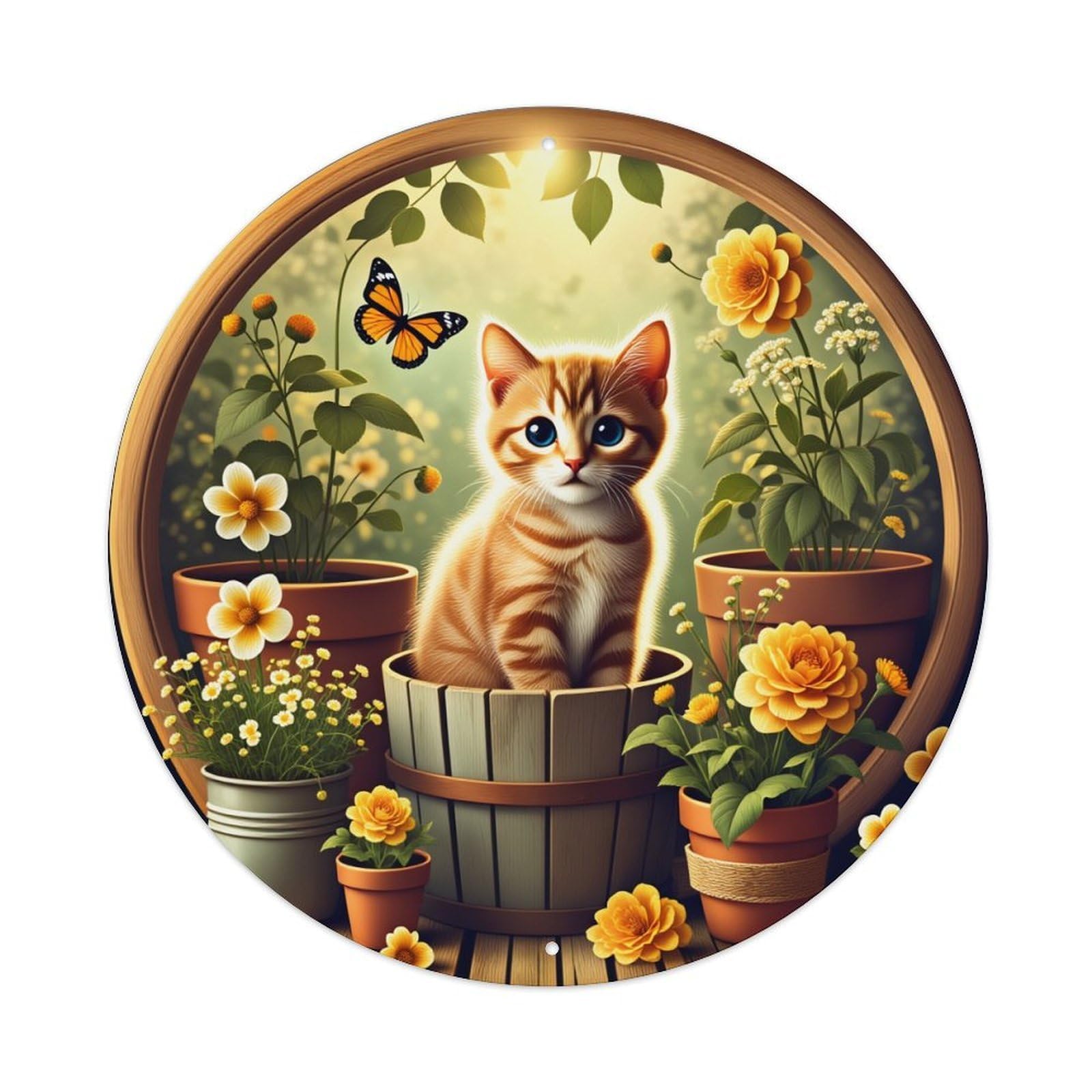 Cute Cat Garden Flowers Butterfly Round Tin Sign Vintage Style Metal Sign Home Bar Garden Wall Plaque Decor Metal Poster 8x8 Inch