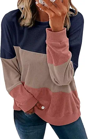 KISSMODA Womens Casual Long Sleeve Sweatshirts Color Block/Solid Tops Corduroy Crewneck Tunic Pullover with Pockets