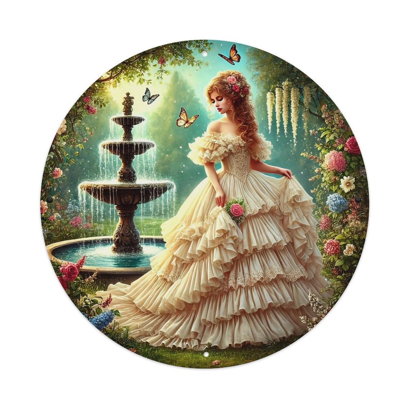 Fairy Garden Princess Fountain Butterflies Round Tin Sign Vintage Metal Sign Home Bar Garden Indoor & Outdoor Wall Decor Retro Metal Poster 8x8 Inch