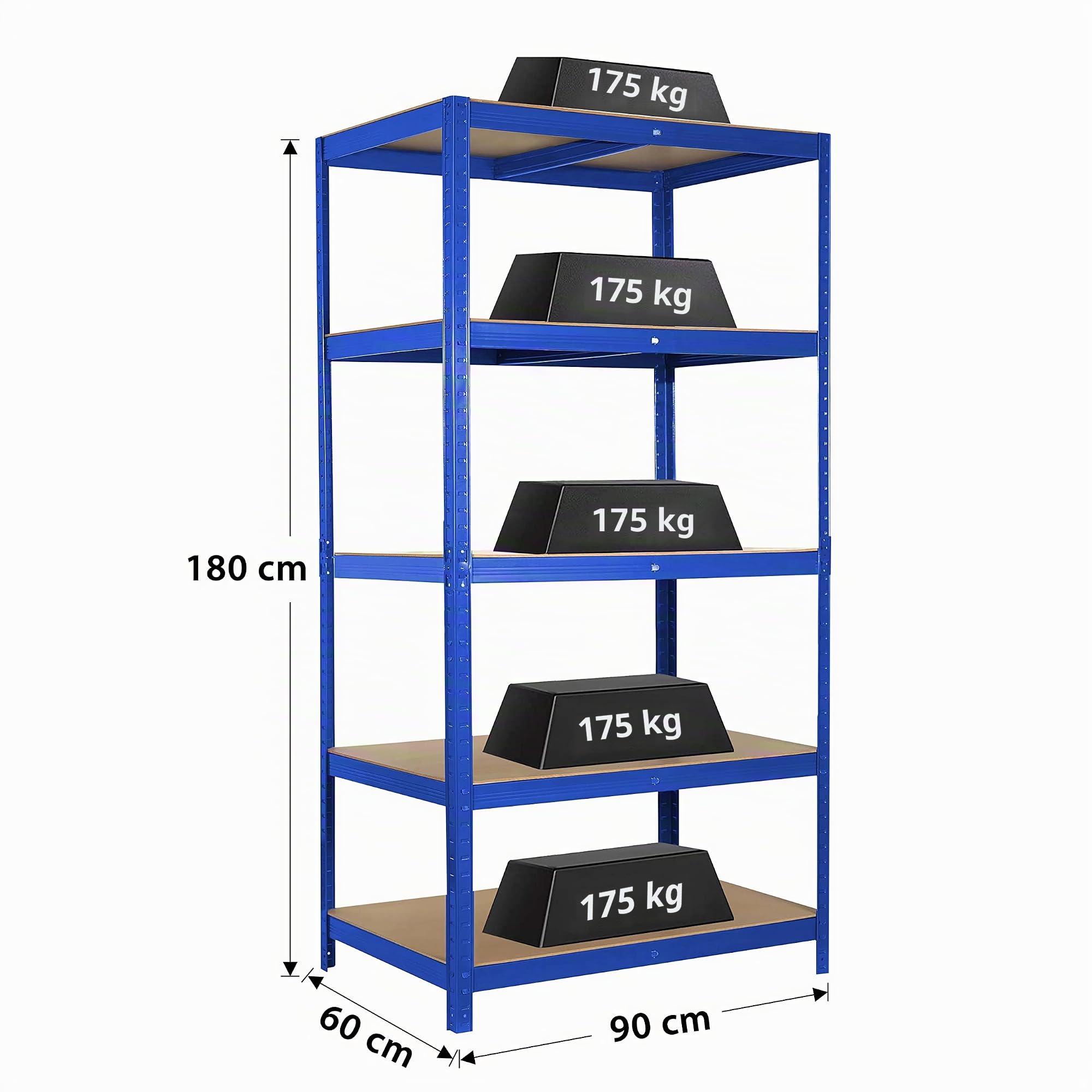 Ribelli Étagère de Rangement à 5 Niveaux, HxLxP 180 x 90 x 60 cm, Capacité 875 kg, Planches Réglables, Étagère de Garage, Bleu, 500634
