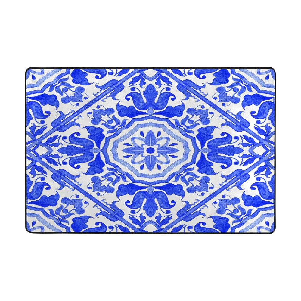 Tapis de sol velours corail motif ethnique bleu blanc pour salon 152x99