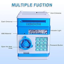 GuDoQi Piggy Bank for Boys Electronic Coin Money Bank Toy for 3 4 5 6 7 8 9 10 Year Old Children, Mini ATM Cash Coin Saving Box for Birthday Gifts Kids Age 3-10, Blue White