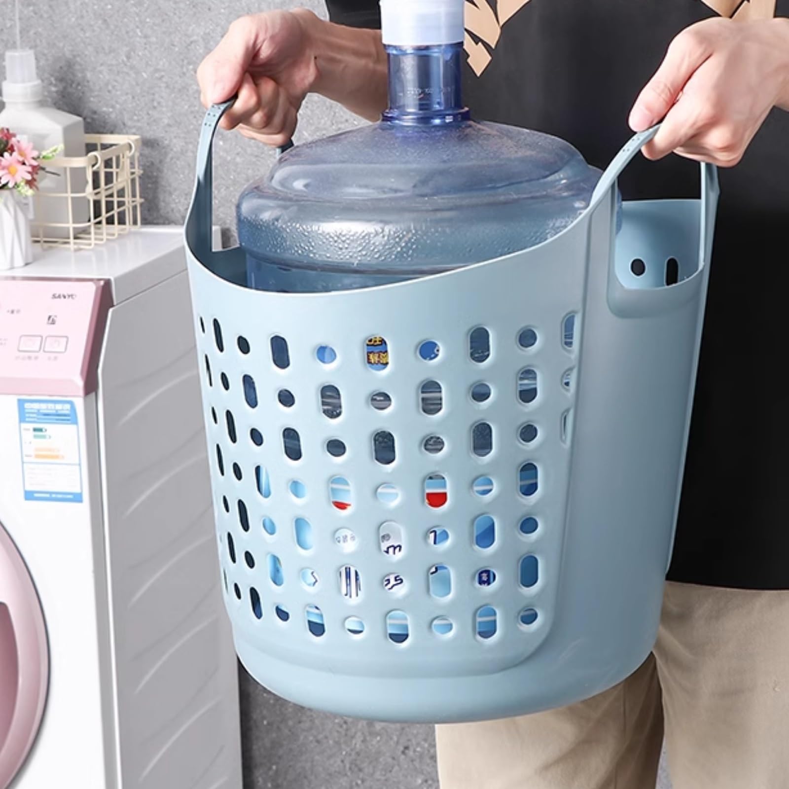 Cesto portabiancheria in plastica flessibile con manico, cesto rotondo portatile per la casa, cestino ventilato o borsa della spesa
