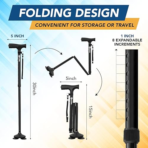 Miniatura 4 de Bastón plegable para caminar, ajustable, resistente con mango en T y base de pivote, correa de nailon para mujeres y hombres