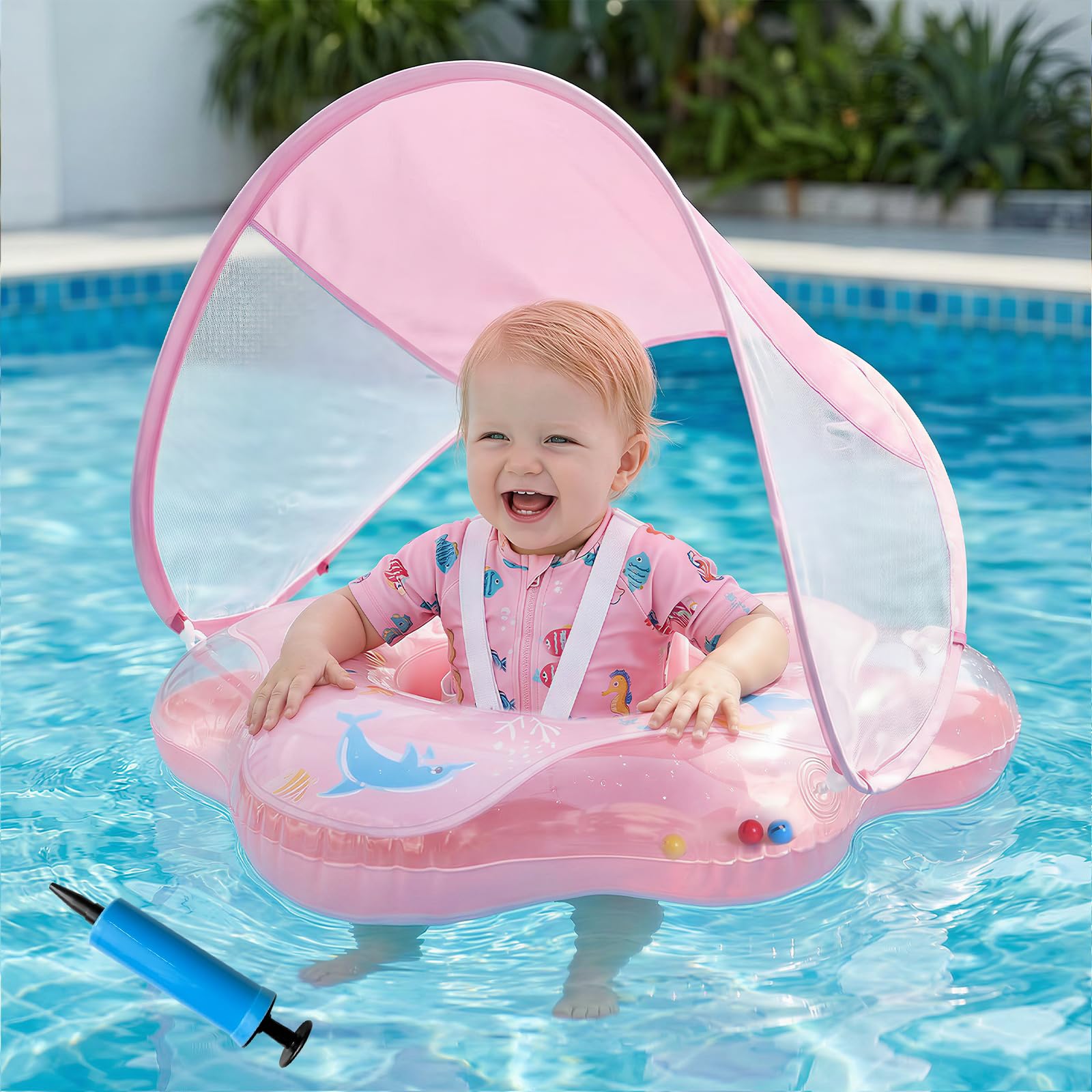 Olycism Salvagente Neonato con Parasole UPF50+ Ciambella Neonato Mare con Pompa ad Aria e Kit di Patch Materiali Adatti ai Bambini Carico massimo 20 kg per Bambini Rosa chiaro