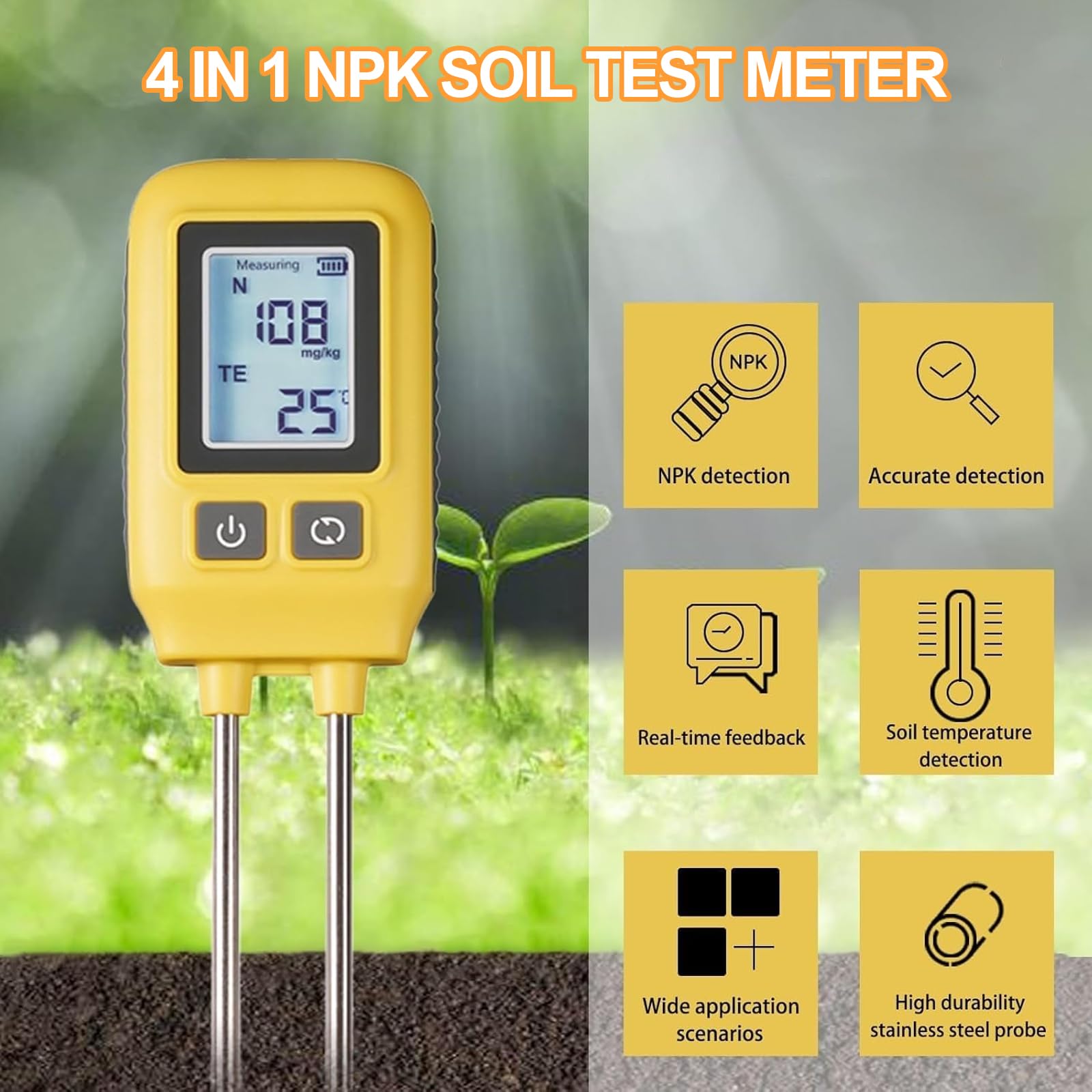 Tester gleby 4 w 1, cyfrowy wyświetlacz LCD do pomiaru azotu, fosforu, potasu i temperatury, dokładne narzędzie do testowania gleby do pielęgnacji ogrodu i roślin