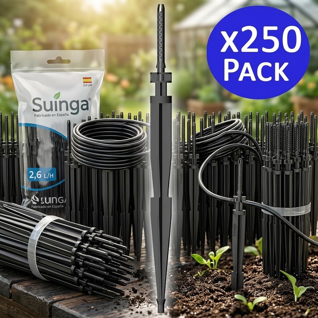 Suinga 250 x Picchetti irrigazione a Goccia 2,6 l/h picchetto per gocciolatoio, irrigazione a Goccia per Piante, vasi e Alberi, Nero