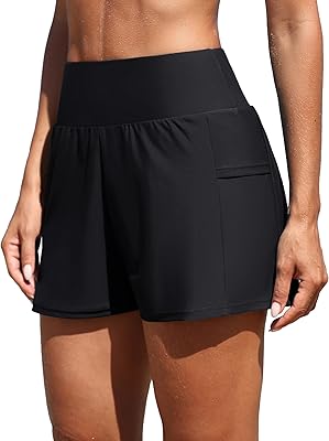 ATTRACO Women Swim Shorts Side Split Swim Trunk 2 in 1 Board Shorts with Pockets Swim Bottom