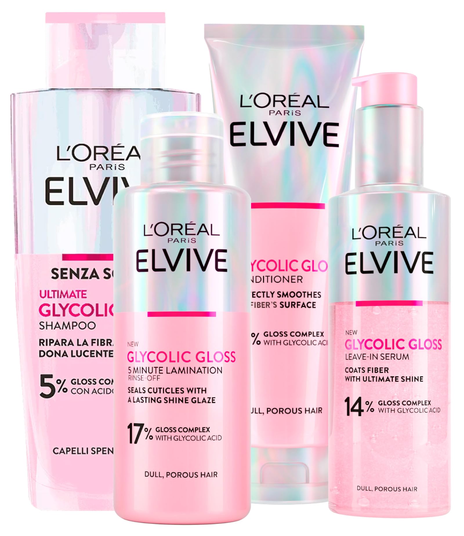 L'Oréal Paris Elvive Glycolic Gloss Acondicionador 150ml + Champú 200ml + Suero Sin Enjuague 150ml + Tratamiento de Laminación de 5 Minutos 200ml para Cabello Opaco y Poroso - 4 Botellas