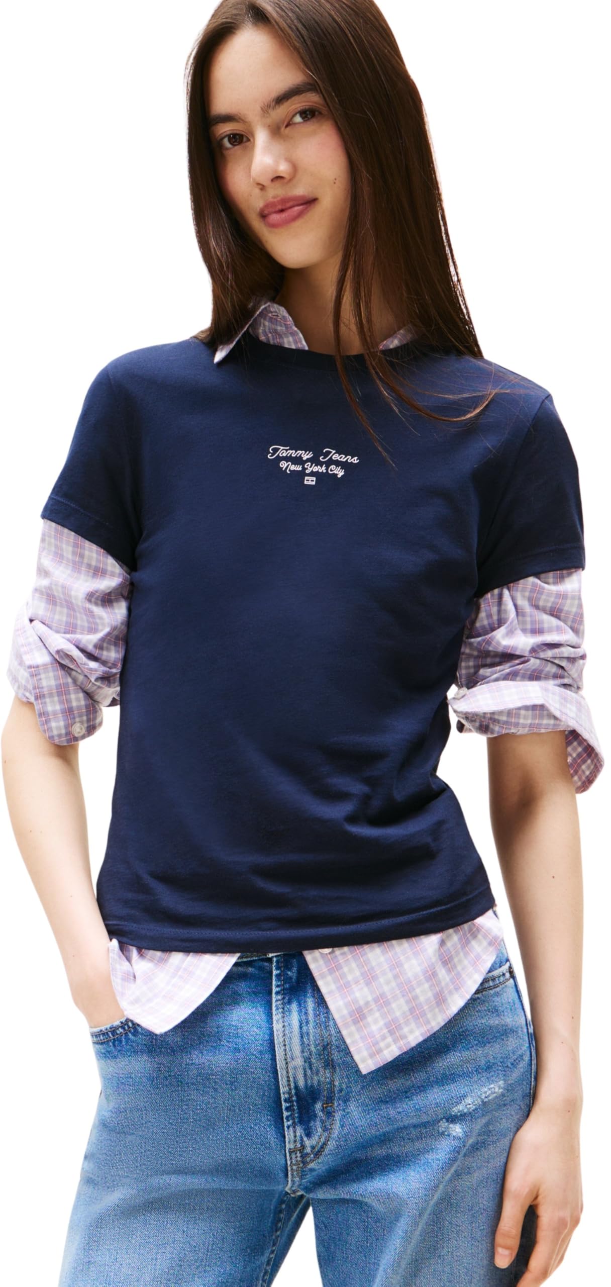 Tommy Jeans Women's Navy Slim Logo Script T-Shirt Medium