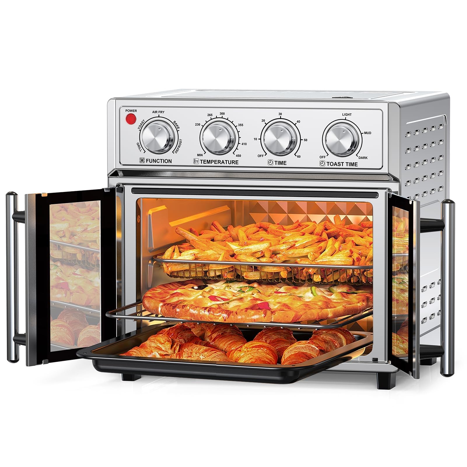 PlumChef 27.5 Quart Extra Large 6 Slices French Door Air Fryer, Convection Toaster Oven, 1700W, Multifunction Oven for Air Fryer, Toast, Grill, Defrost, Bake, Stainless Steel