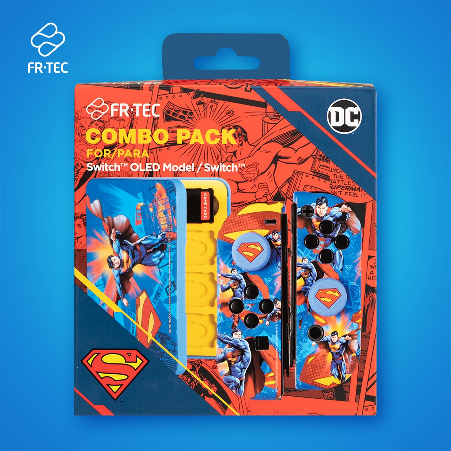FRTEC - Kit d'accessoires DC sous licence officielle, étui rigide + poignées compatibles avec Nintendo Switch et Switch OLED (SUPERMAN)
