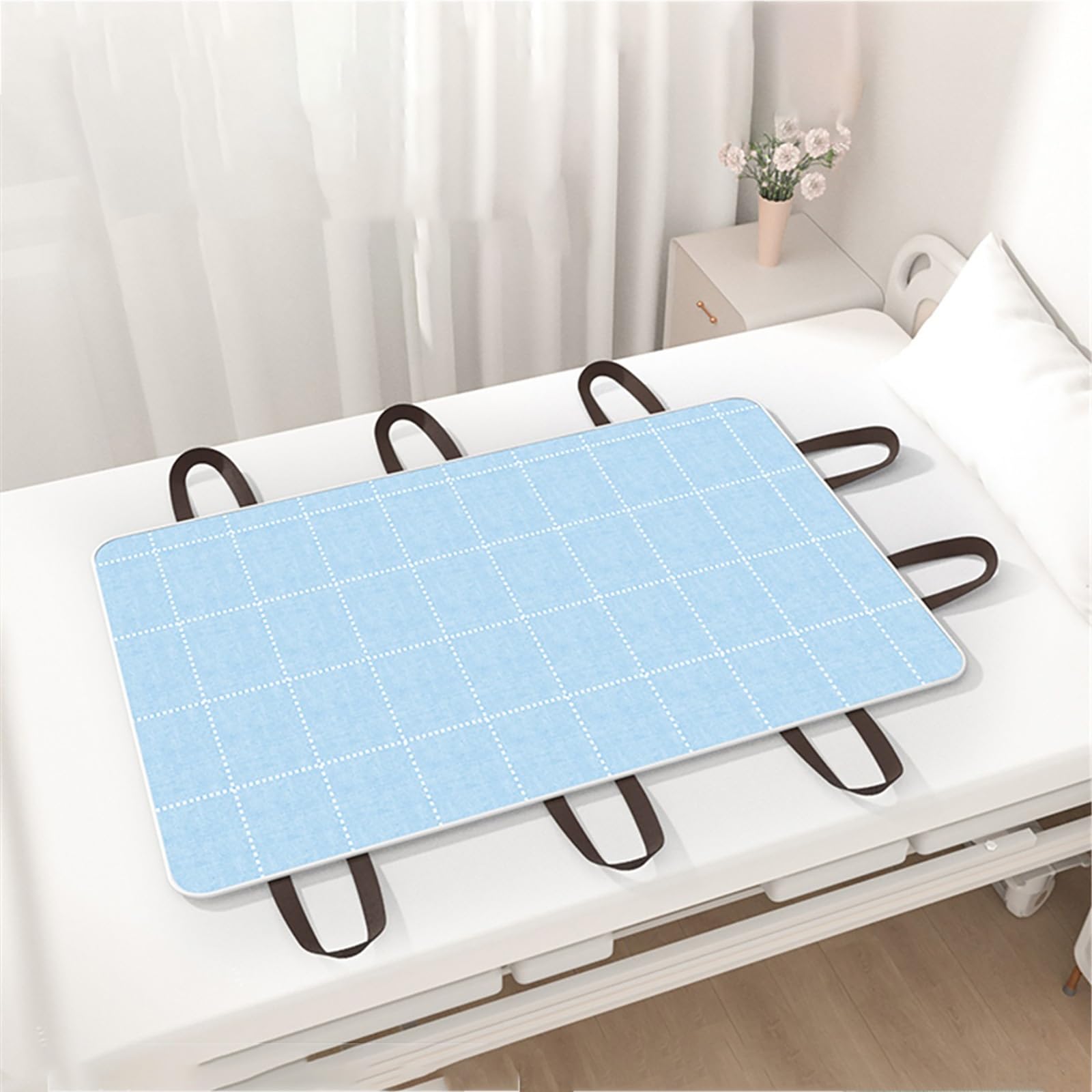 Traverse Letto Anziani con Maniglie Rinforzate, Traversa Impermeabile per Riposizionamento, Sollevamento Telo Impermeabile Letto(115 * 150cm,Light blue-checked)
