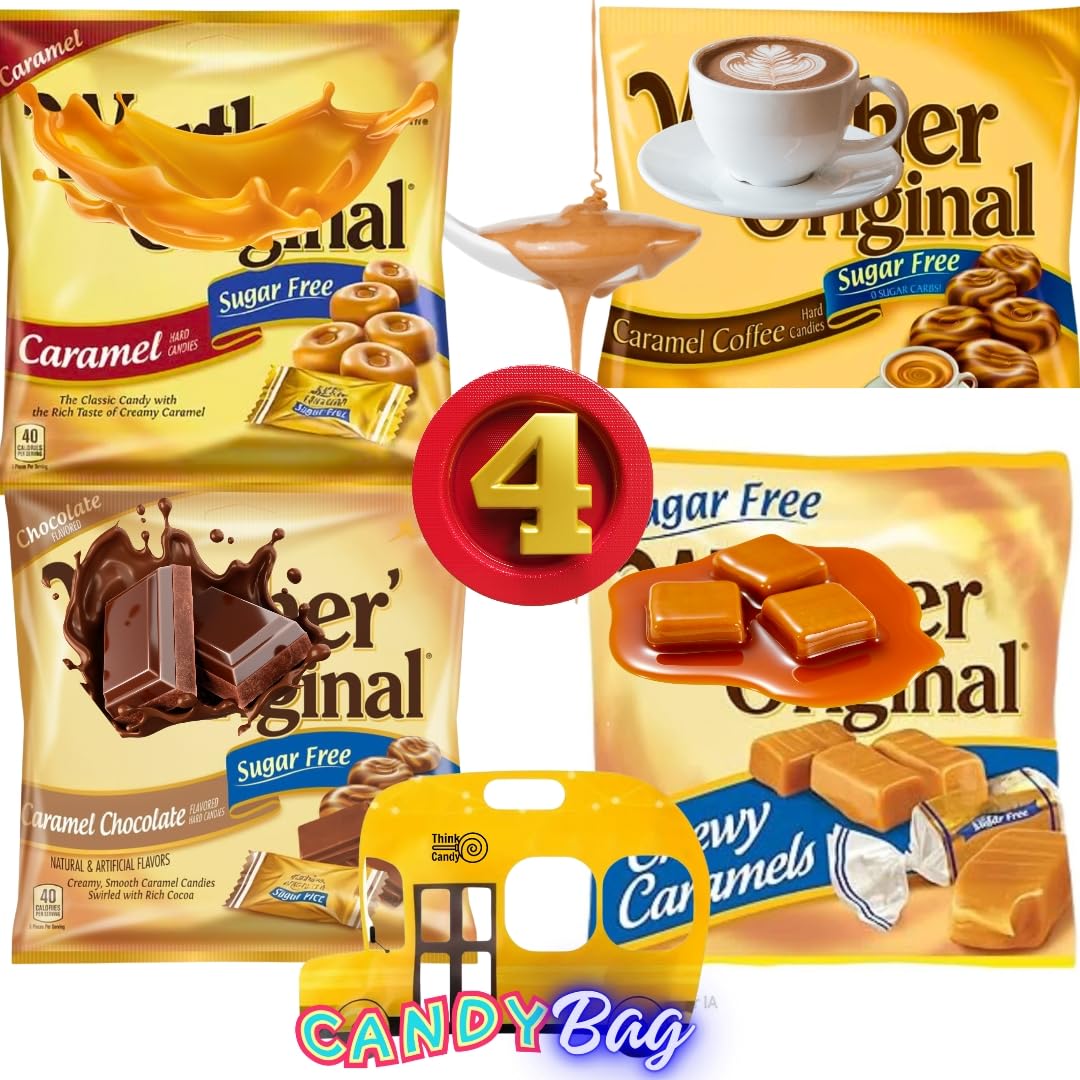 (PACK OF 4) ALL Original Sugar Free Flavors - Chocolate, Coffee, Chewy, and Unique Caramel - Soft and Hard Candies - 1 Bag of Each - One Bus