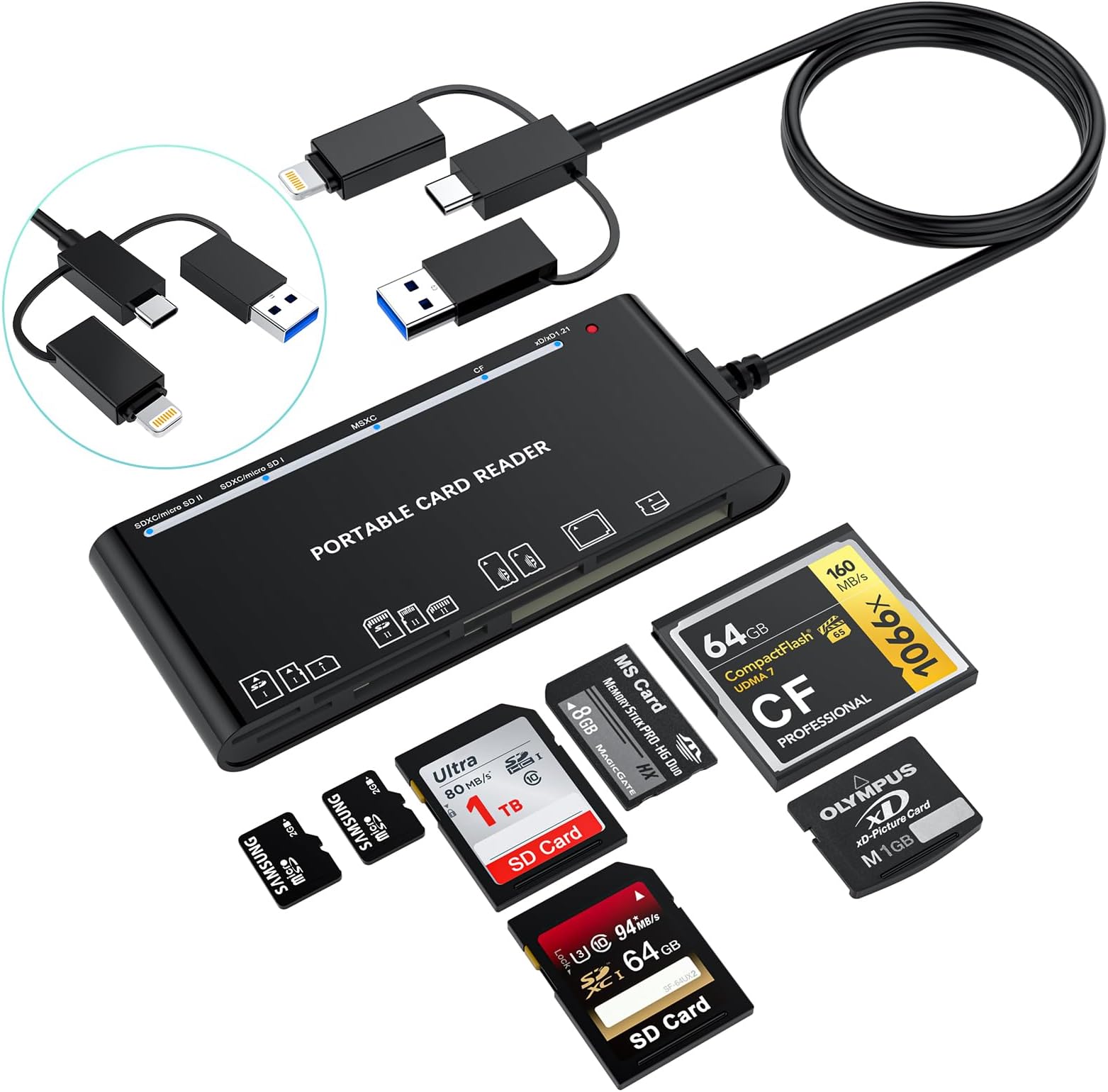 Rocketek7-in-3 USB C Lightning USB 3.0 Multi Card Reader Universal Memory Card Adapter Hub for iPhone, iPad, MacBook, Samsung Support SD,CF,Micro SD,XD,MS,TF Compatible with Windows, Mac OS, iOS,