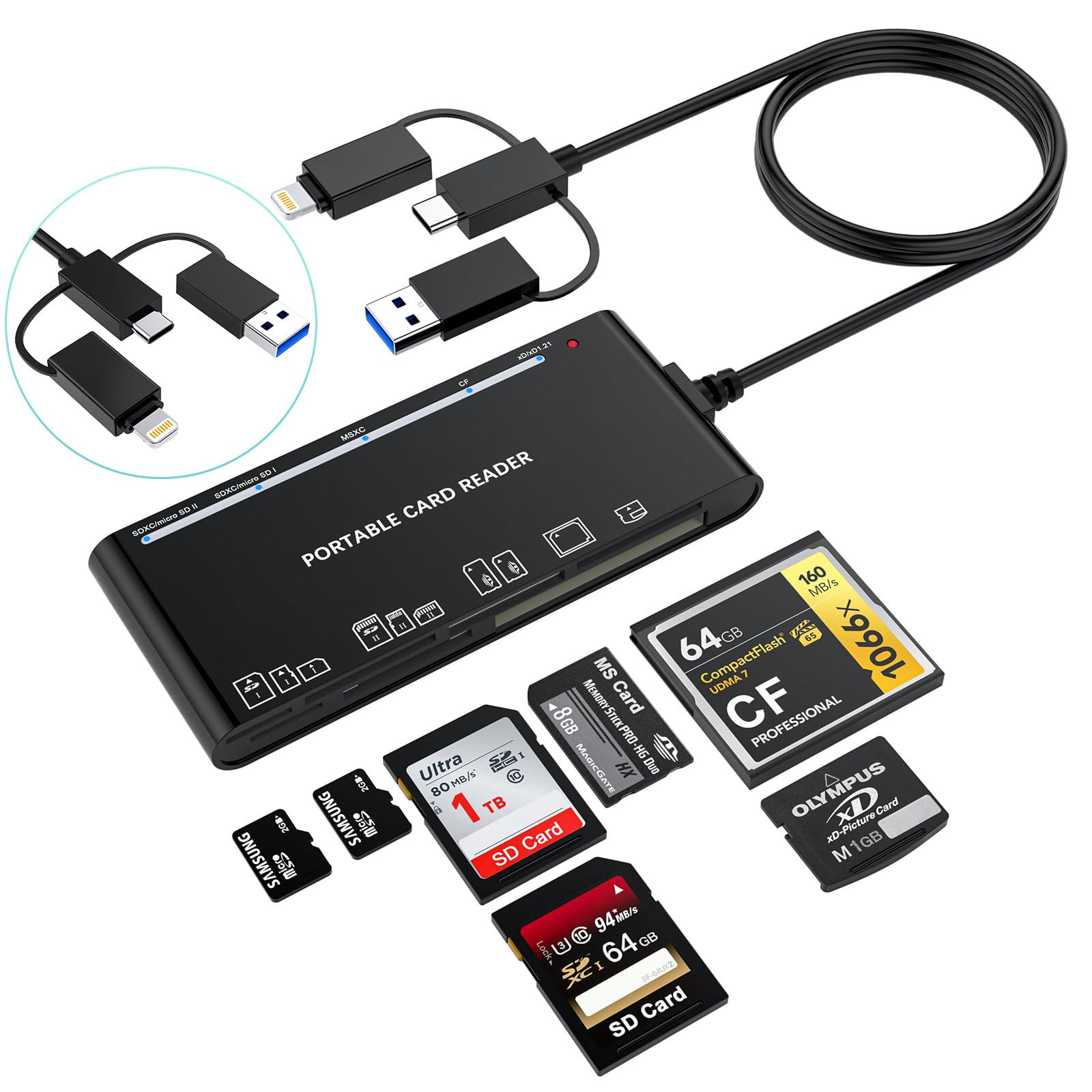 Rocketek7-in-3 USB C Lightning USB 3.0 Multi Card Reader Universal Memory Card Adapter Hub for iPhone, iPad, MacBook, Samsung Support SD,CF,Micro SD,XD,MS,TF Compatible with Windows, Mac OS, iOS,